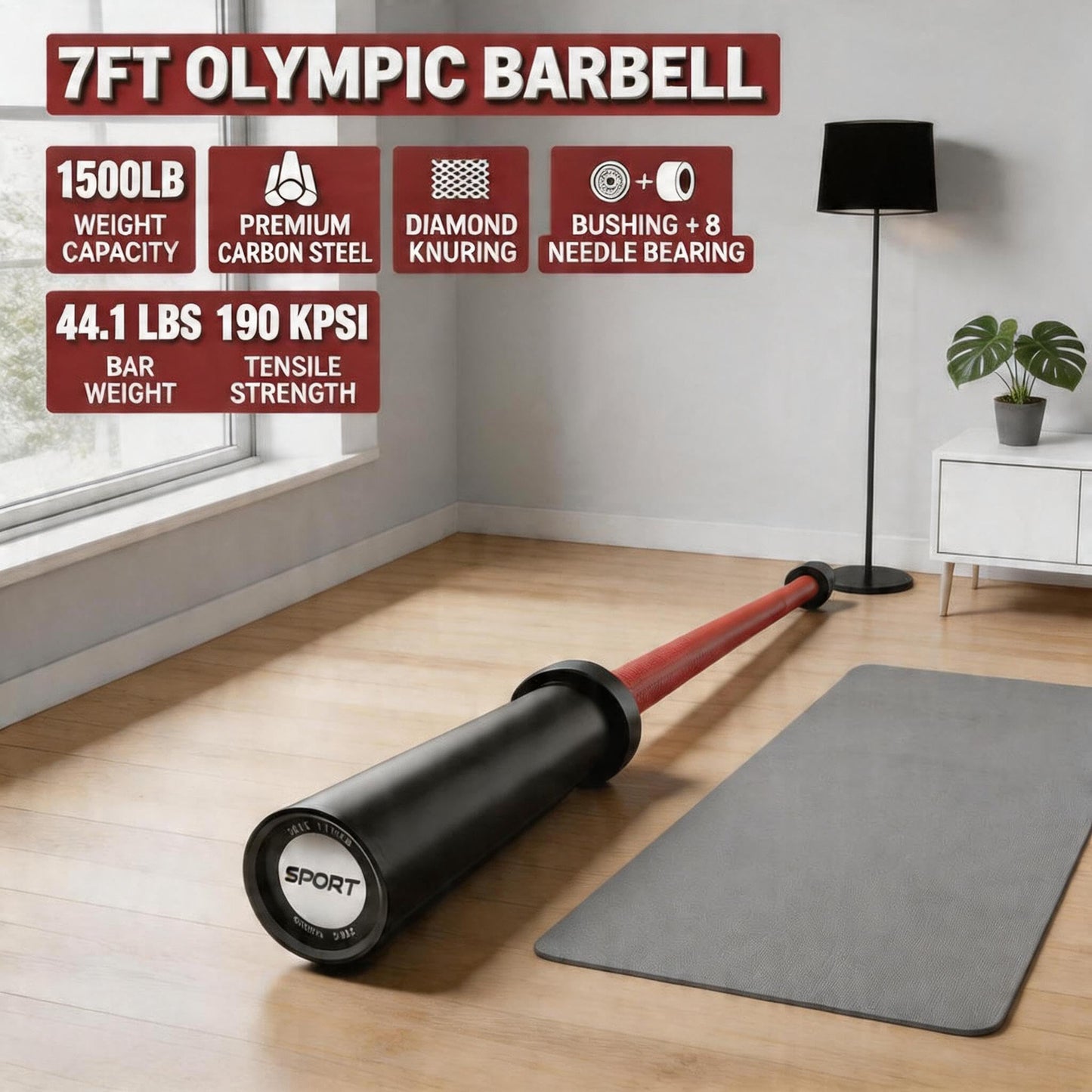 7ft Olympic Barbell 45 LB, Medium-Carbon Steel Weight Lifting Bar, 1500LB Capacity, 28mm Grip, 8 Needle Bearings, Fits 2" Plates for Powerlifting, Deadlift, Bench Press & Home Gym