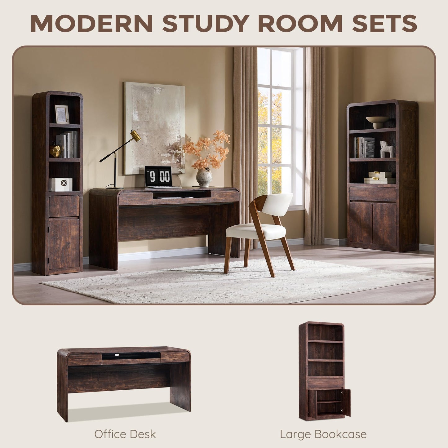 ALLTUFO 63" Modern Computer Desk with 2 Drawers, Wood Curved Executive Desk with Keyboard Tray & Power Outlet, Writing Desks with Storage for Home Office, Study Room, Living Room (Brown)