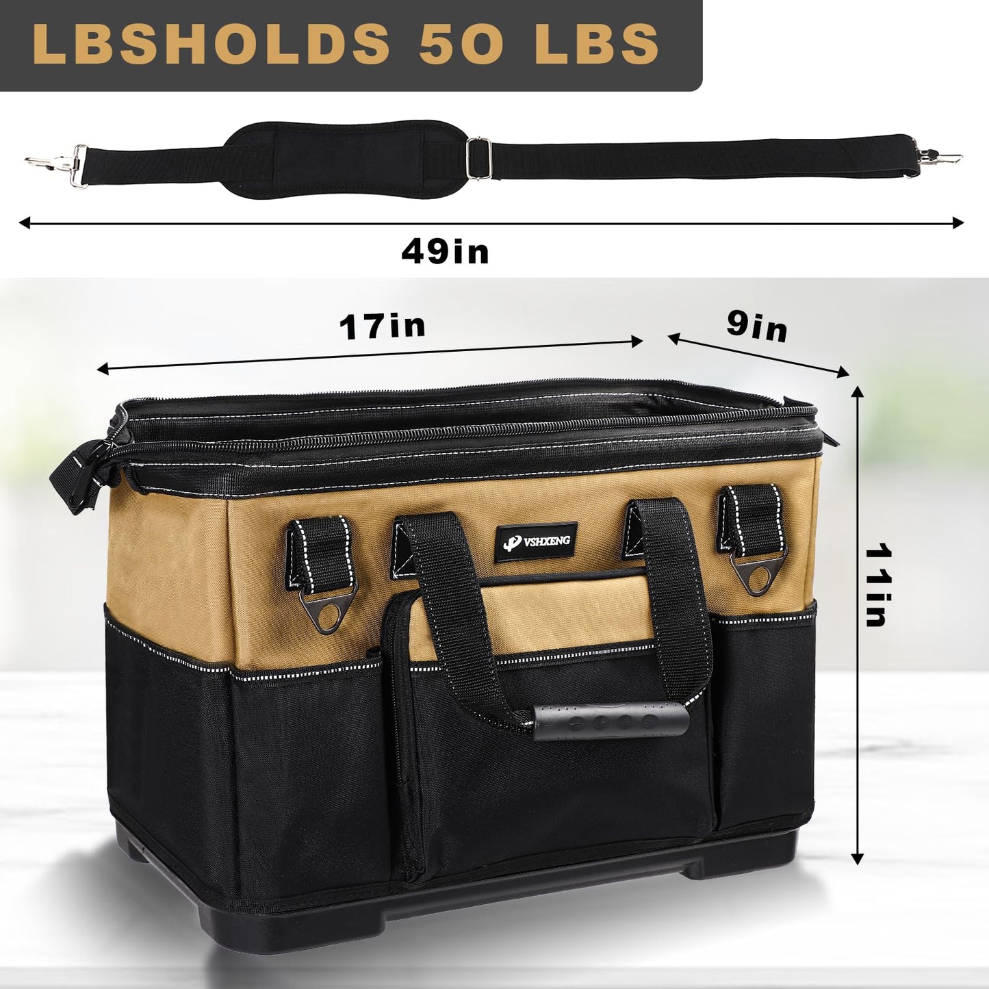 VSHXENG 17 IN Large Tool Bag For Men Heavy Duty, Drill Bag Tool Bag Organizer, Wide Mouth Waterproof Hard Bottom Multiple Pockets Tool Tote, Tool Caddy, Maintenance