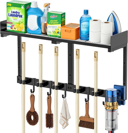 HUFAND Broom Holder Wall Mount - Heavy Duty Mop & Broom Organizer with Top Shelf & Hook | 27" Black Utility Rack for Laundry, Garage, Kitchen, Garden
