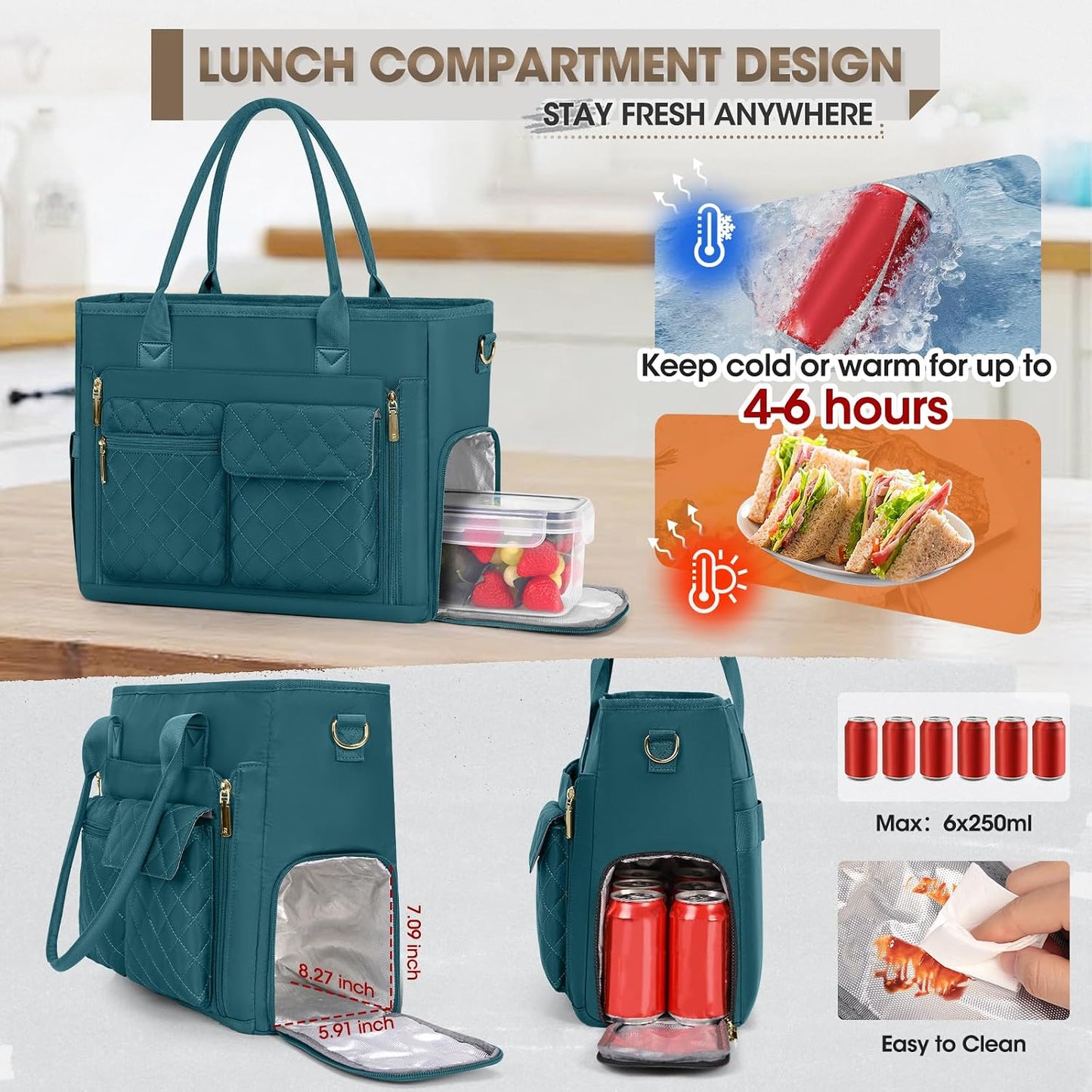 15.6 inch RAINSMORE Teacher Tote Bag with Insulated Lunch Compartment Laptop Bag for Women Lightweight Work Bags Nurse