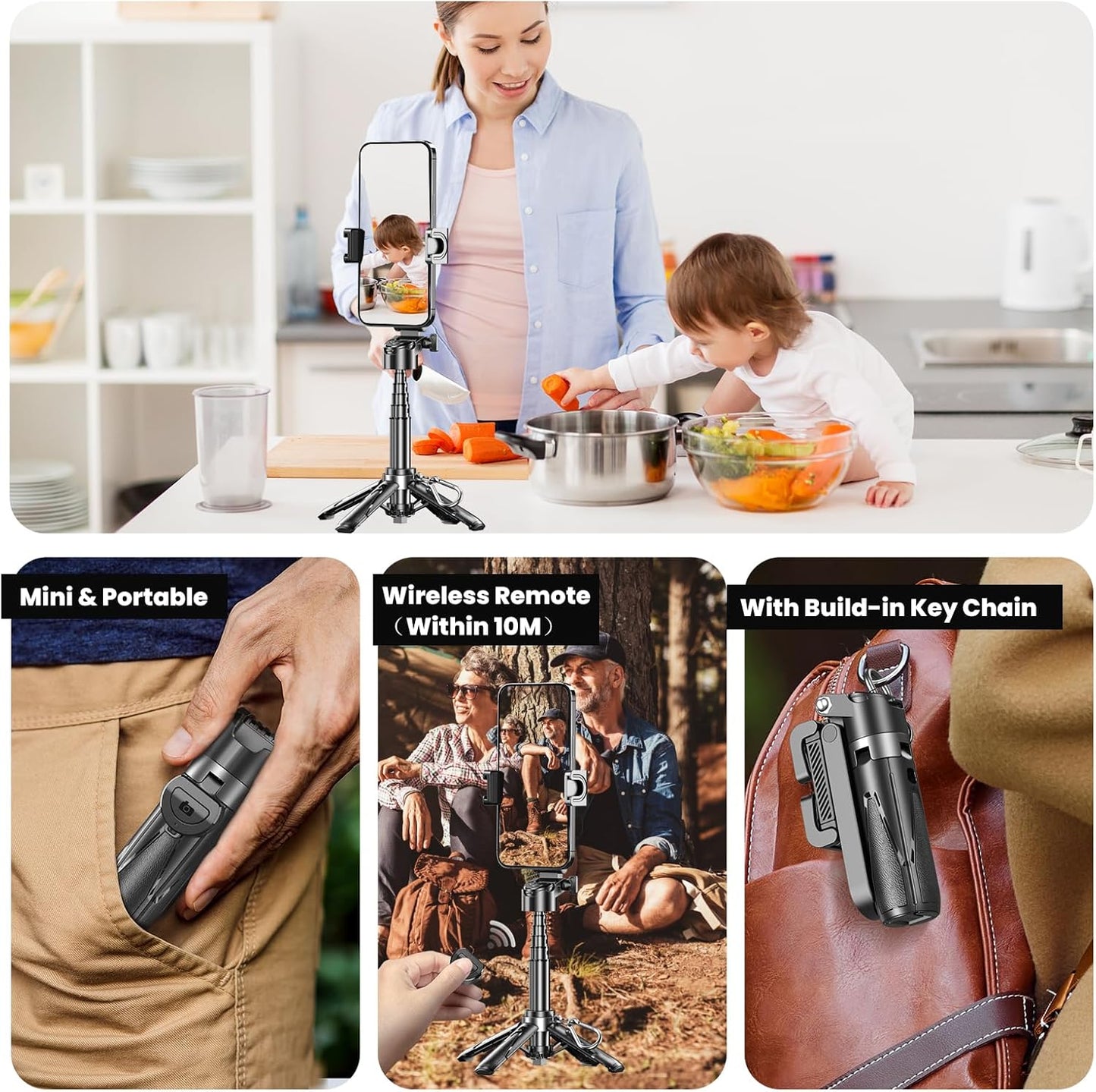 Busdebon 4 1 360 Commuting in Mini Selfie Stick for iPhone, Portable Compact Pocket Selfie Stick Tripod with Bluetooth