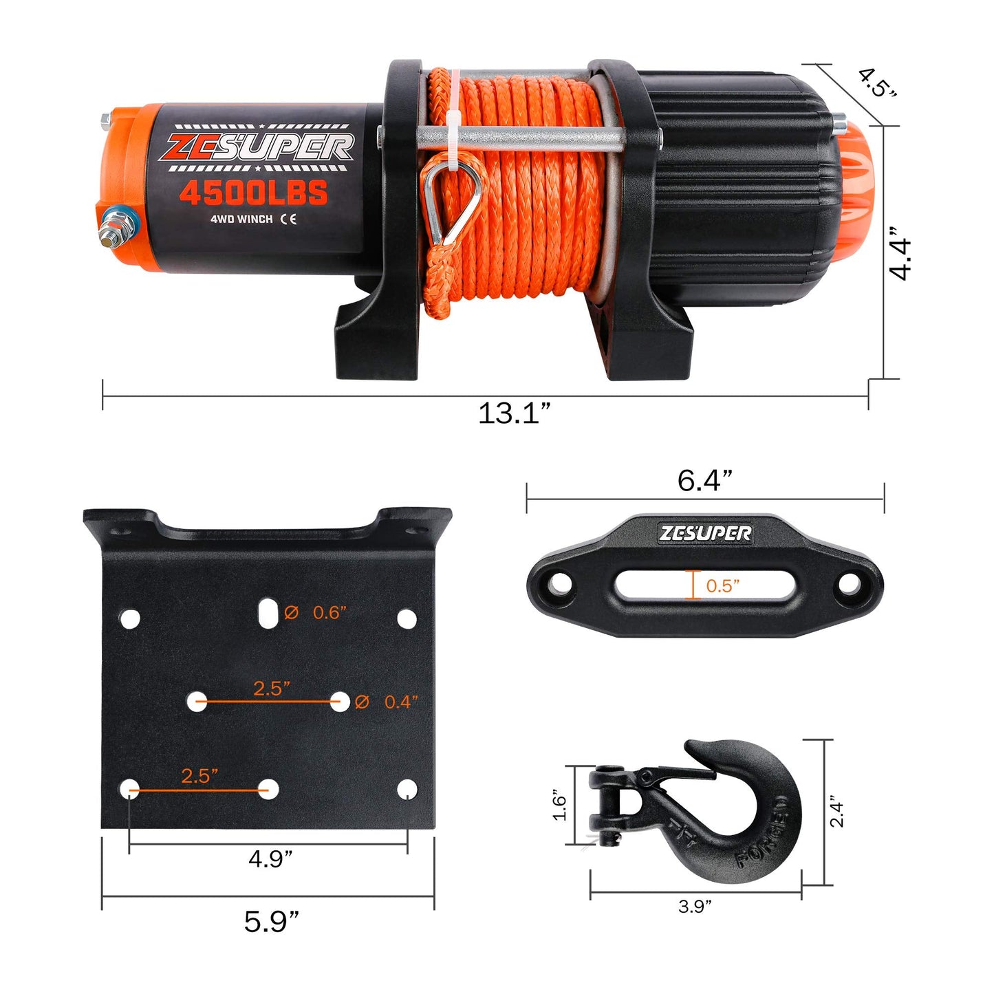 ZESUPER 4500 lb Winch Waterproof IP67 Electric Winch with Wireless Remote Synthetic Winch Rope Hawse Fairlead Handheld Remote ATV UTV Winches 12V Portable Power Winch
