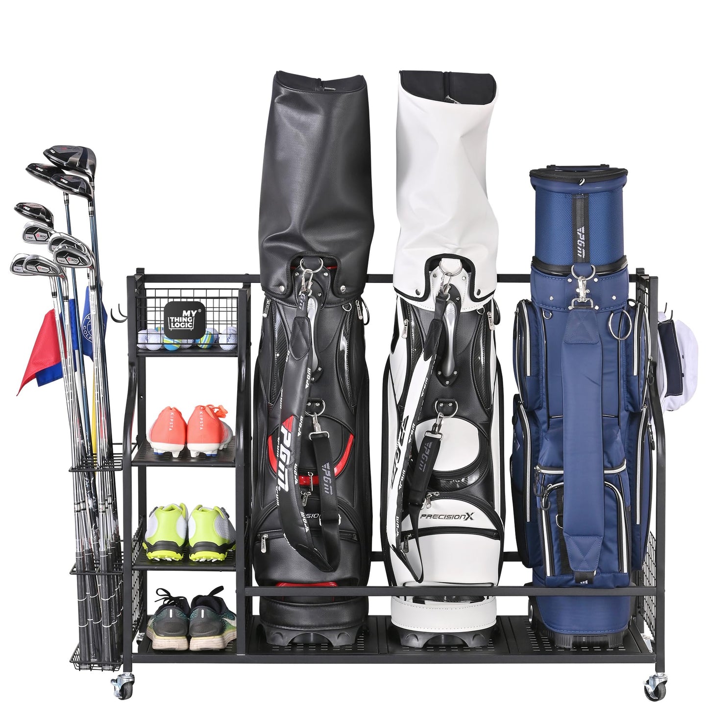 Mythinglogic 3 Golf Bags Storage Organizer-Extra Large Size Fits 3 Full Size Golf Bags,Golf Organizer for Golf Equipment and Accessories, Golf Club Storage Rack with Lockable Wheels