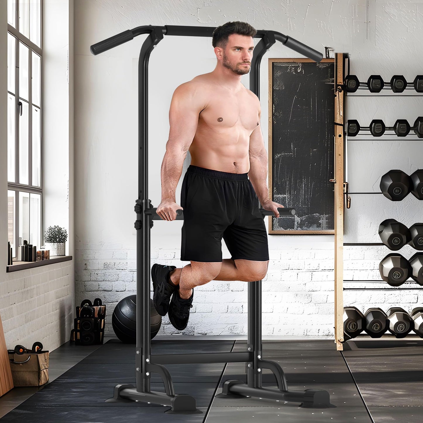 SogesHome Power Tower Pull Up Bar and Dip Station, Height Adjustable Dip Stand Exercise Machine for Home Gym, Multi-Functional Free Standing Strength Training Fitness Workout Station, Black