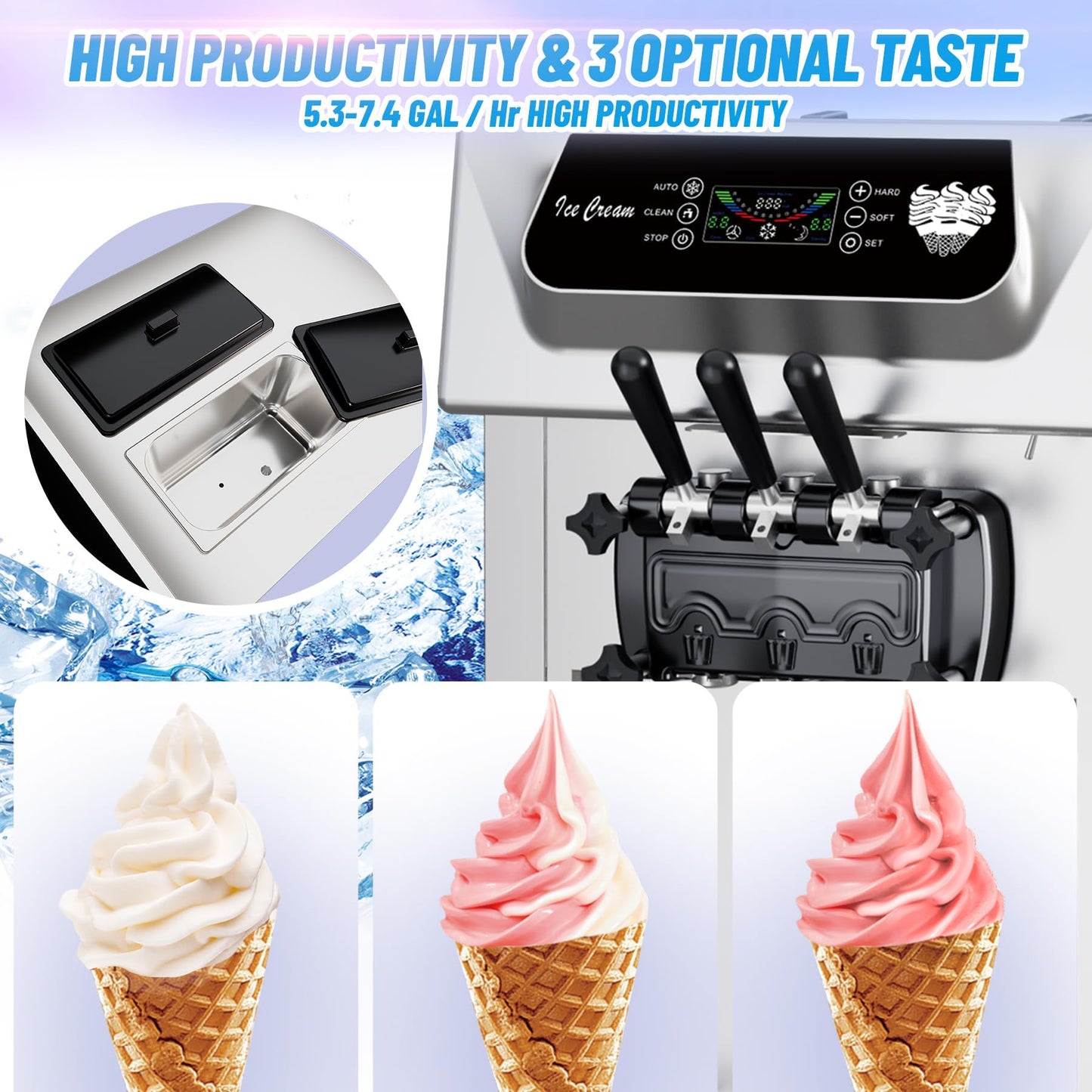 Commercial Soft Serve Ice Cream Machine 2200W, 5.8-8 Gal/Hr Yield, 2+1 Flavor with 2x7L Hopper & 3 Dispensers, Auto Clean & LCD Display for Restaurant Bars