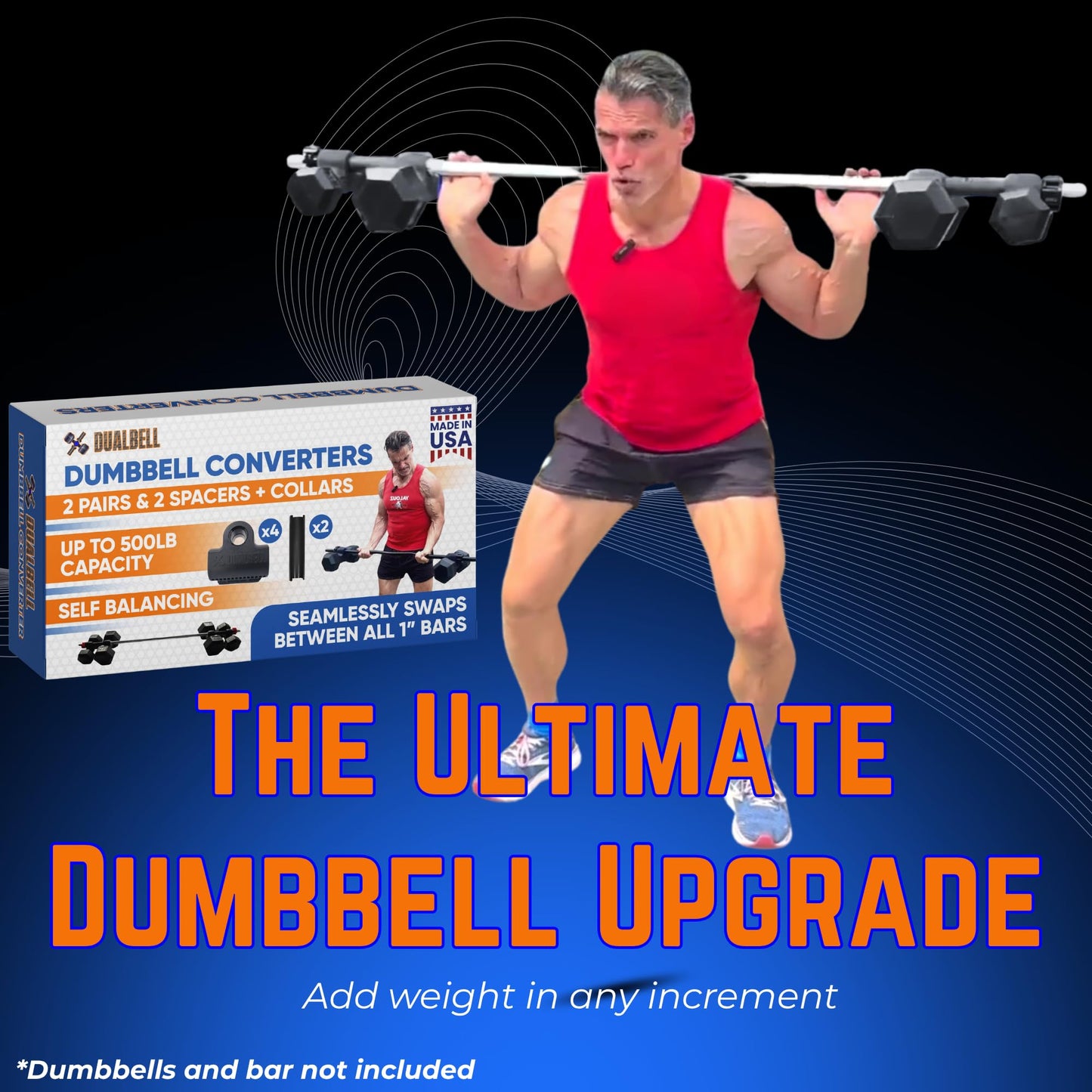DUALBELL Dumbbell Barbell Converters- Heavy Duty Barbell Adapters, Convert Dumbbells to Barbell, 500lb Capacity, Easy Setup for 1" Bars, Turn Dumbbells into Weight Plates, Black Superset w/Red Weight Collars
