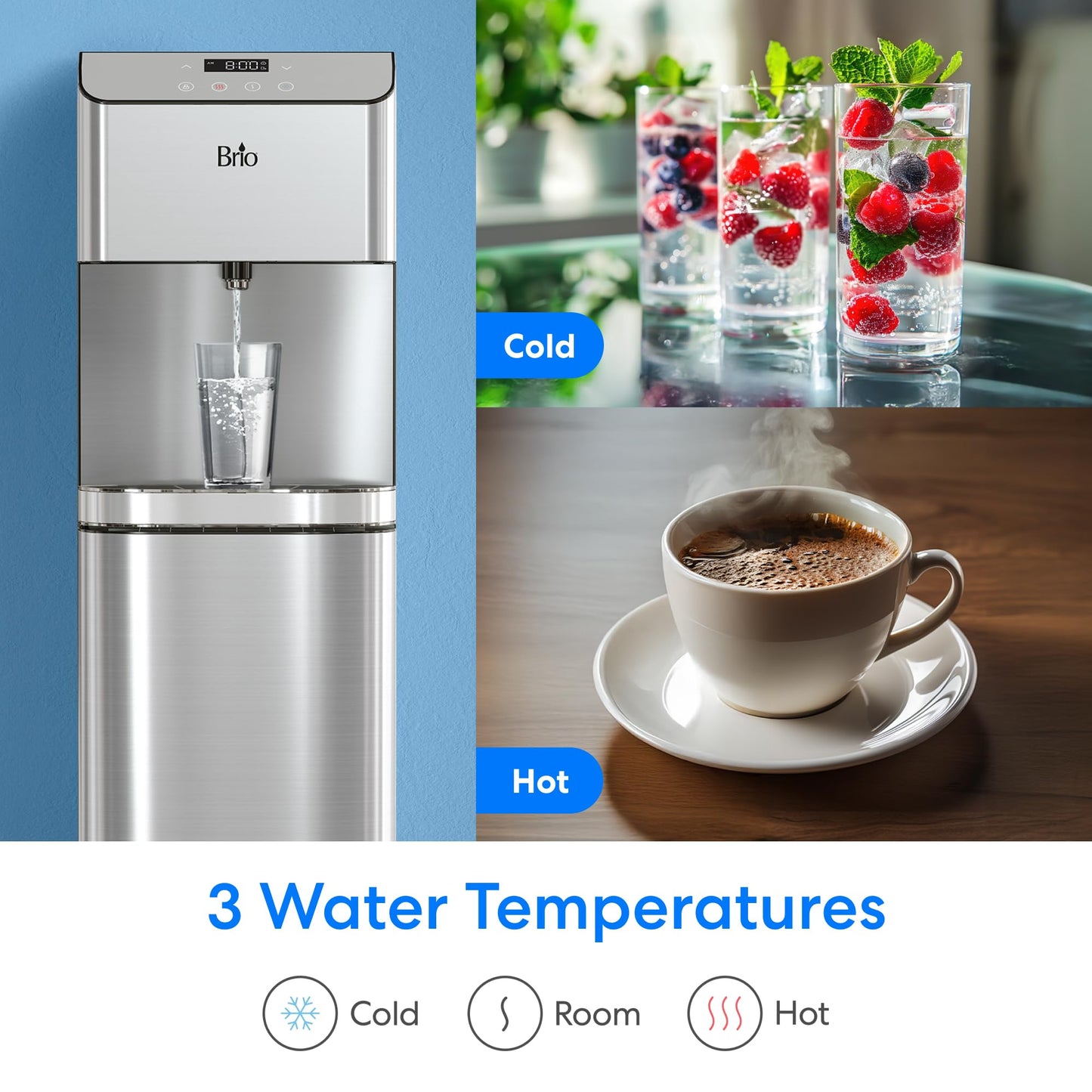 Brio Moderna Bottom Load Water Cooler Dispenser - Tri-Temp, Adjustable Temperature, Self-Cleaning, Touch Dispense, Child Safety Lock, Holds 3 or 5 Gallon Bottles, Digital Display and LED Light