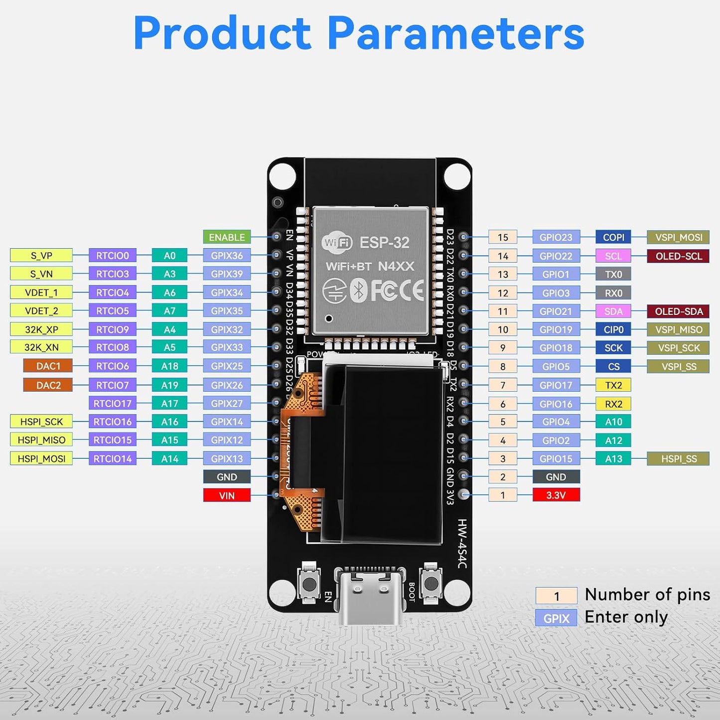 Meshnology ESP32 ESP-32S ESP-WROOM-32 0.96 inch 2.4GHz 30 Development Board mit OLED Display Dual-Mode Development
