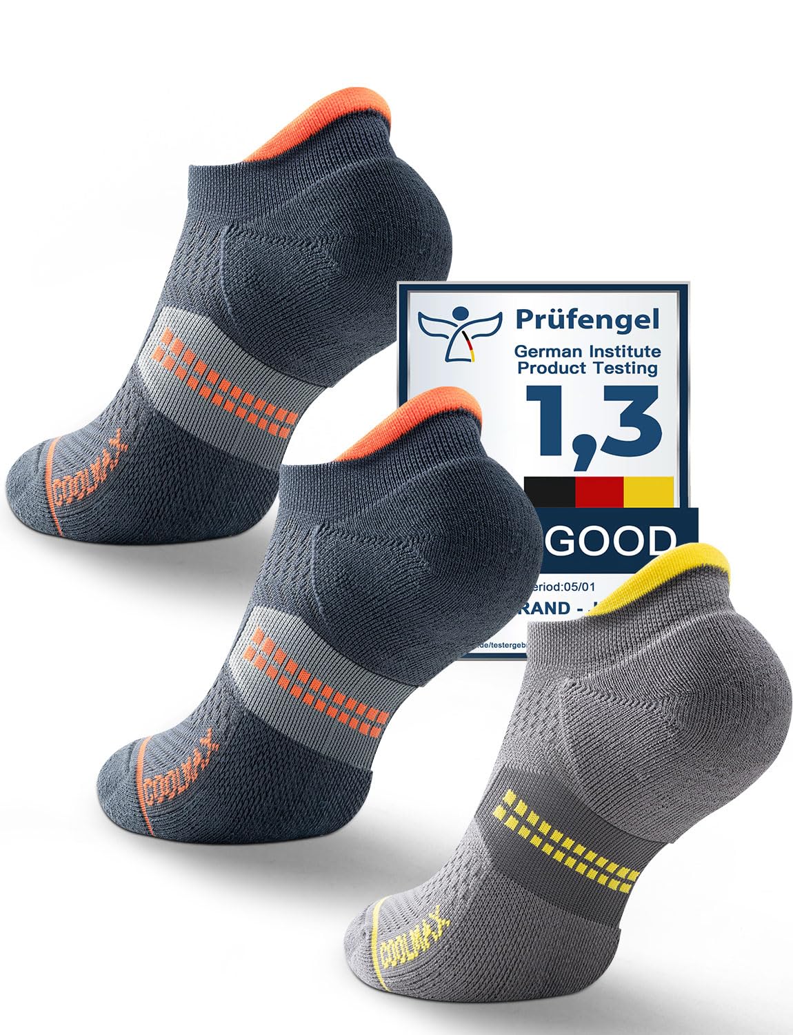 Juclise Coolmax Bamboo Viscose Compression Tab Running No Show Socks Men Moisture Wicking Cushioned Anti-Blister (US, Alpha, Large, Regular, Regular,Charcoal*2+Midnight Grey*1)