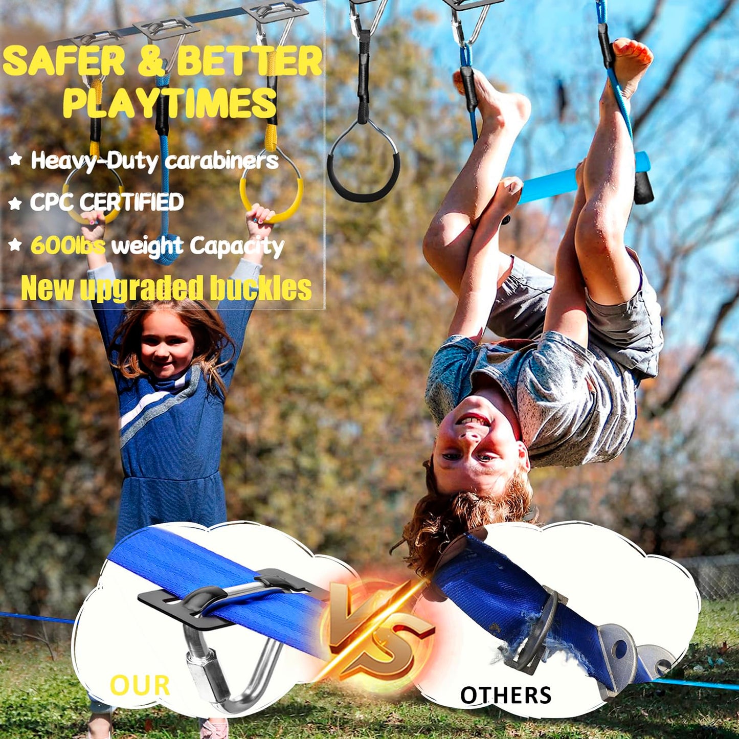 Ninja Warrior Obstacle Course for Kids - 2*56FT Slackline Kit with 8 Obstacles | Upgraded Quick-Install Buckles (No Threading Needed), 900lbs Max Load Backyard Training Gear