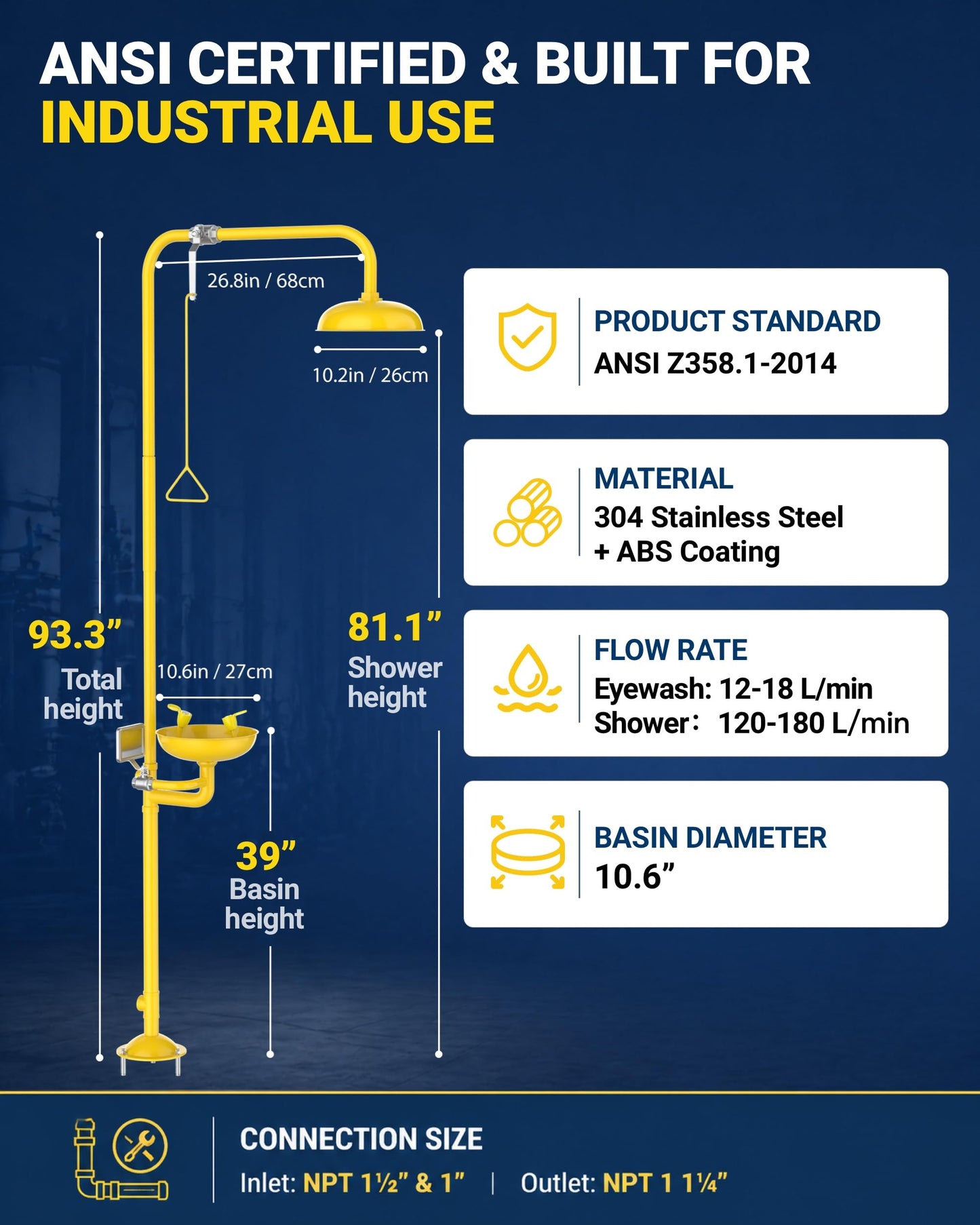 Onedaful Cuzofu 304 Stainless Steel Combination Emergency Eye Wash Shower Station, Industrial & Commercial Level with Emergency Sign, Safety Eyewash Stations OSHA Approved (ABS Enhanced)