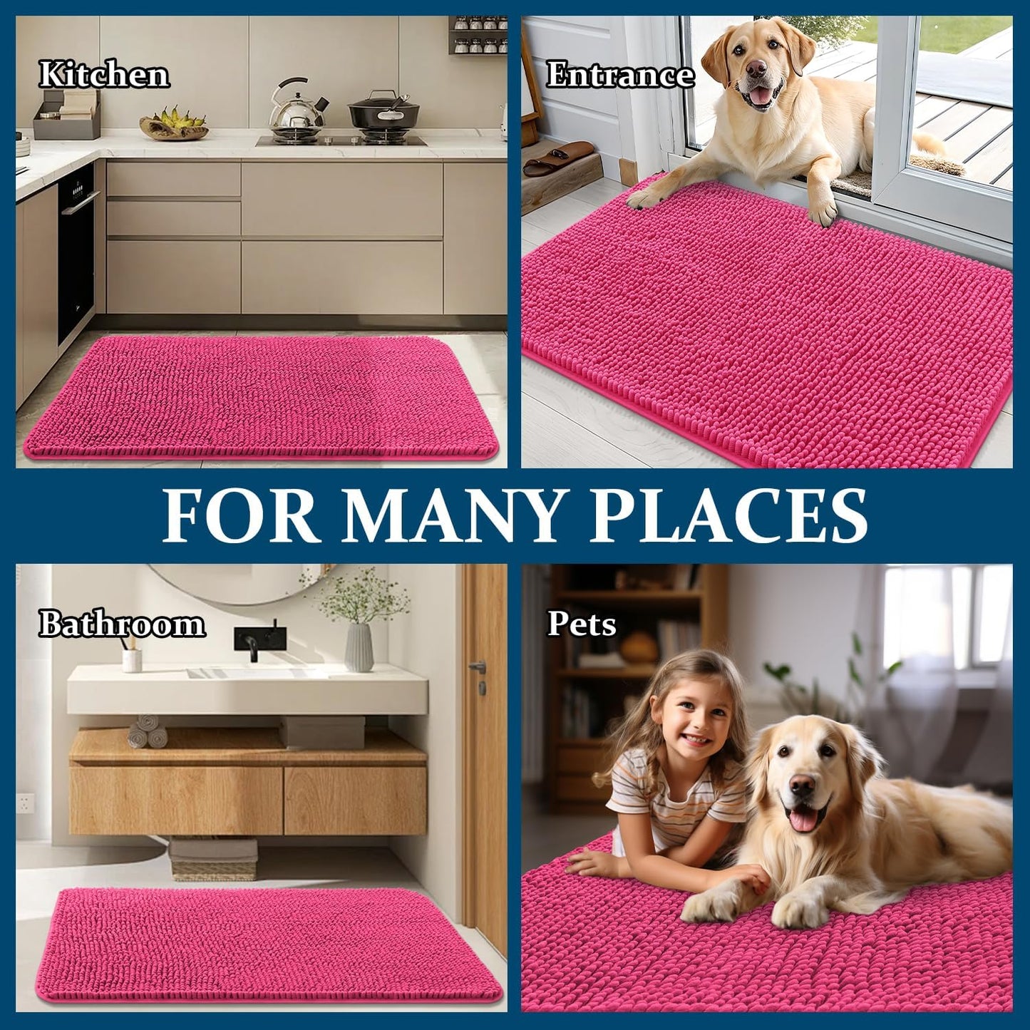 OLANLY Dog Door Mat - Absorbent Non-Slip Chenille Mat for Muddy Paws | 30x20, Hot Pink