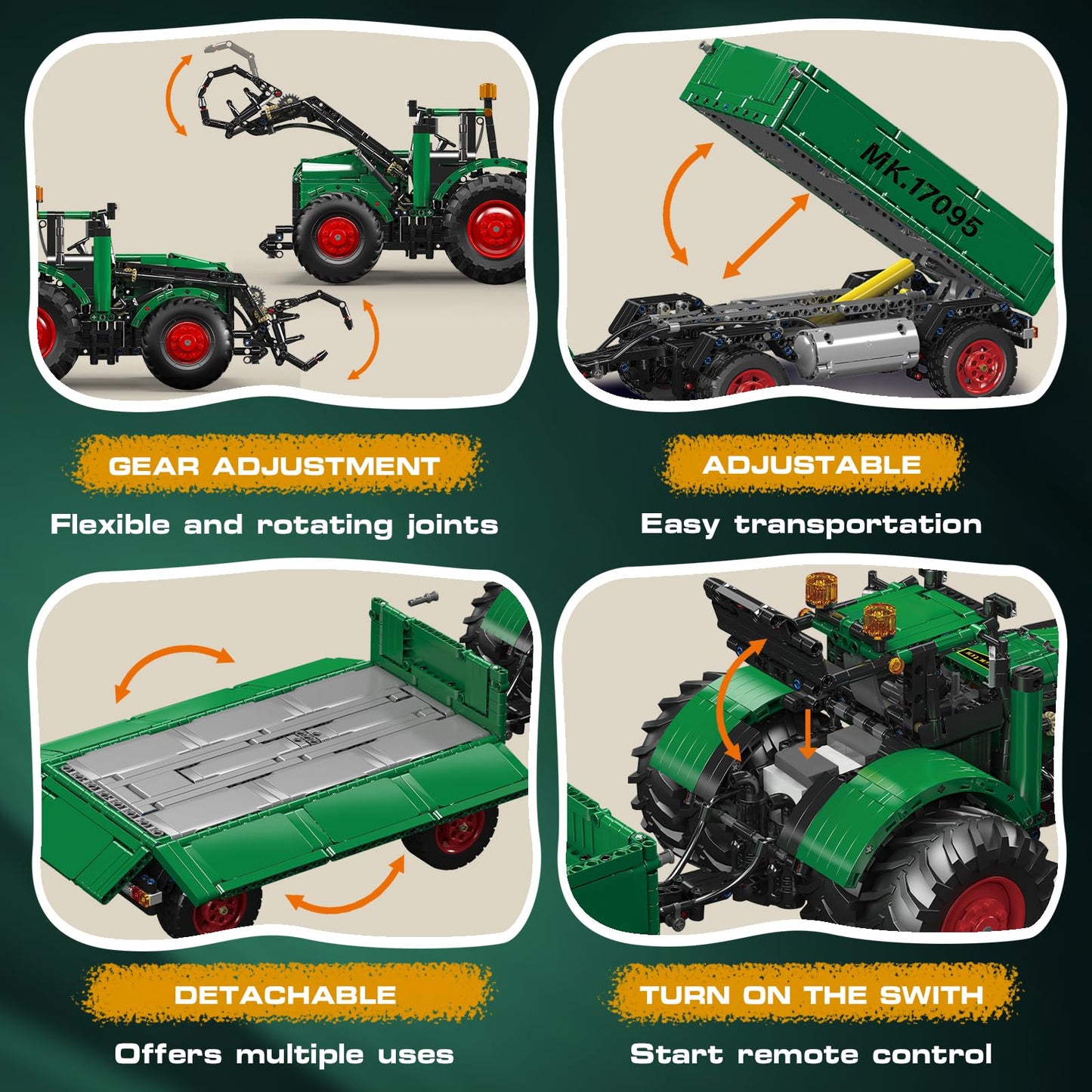 Mould King 17095 Farm Tractor with Trailer, Remote Control Tractors Building Set with 4 Motors, Buildabe Farm Vehicle Toy to Play, Construction Car Model for Adults, Ideal Gifts (2368 Pieces)