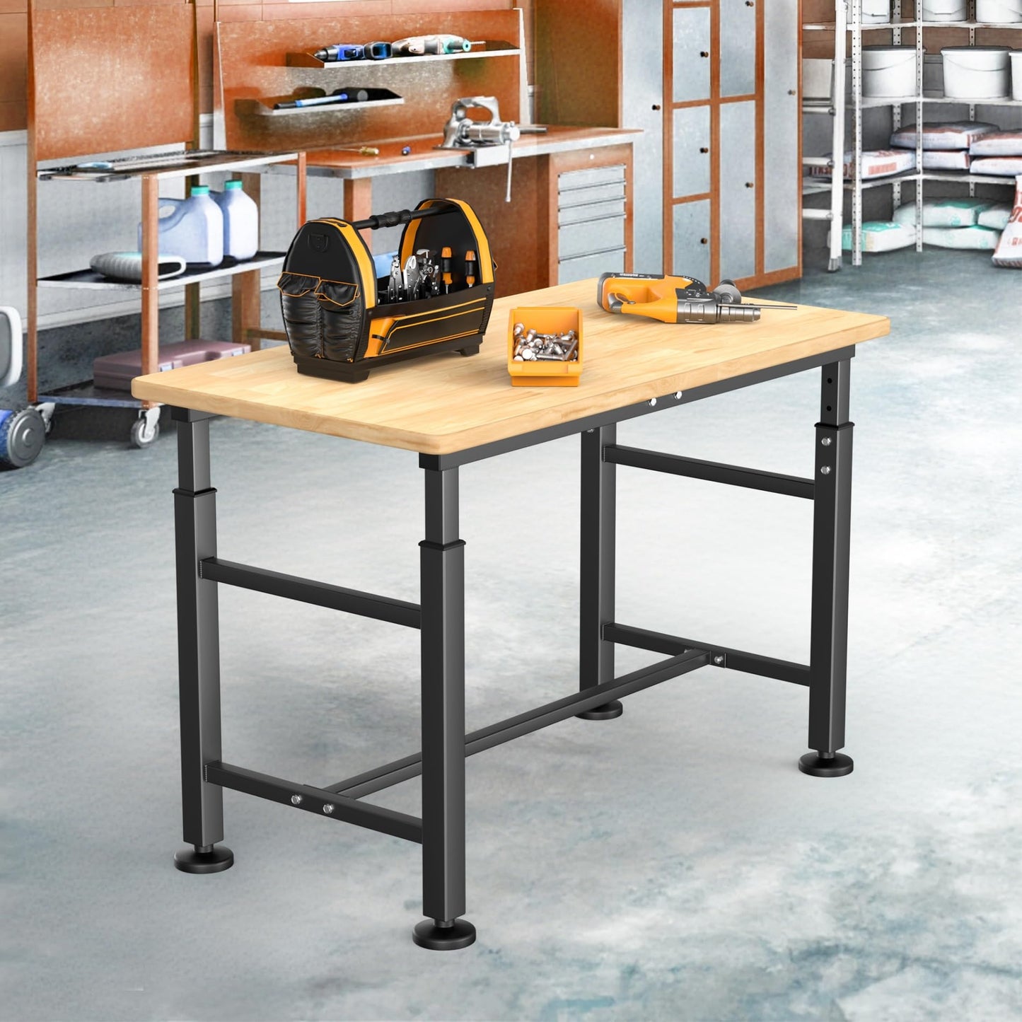 TORACK Adjustable Workbench with Rubberwood Top, 47.75" x 23.25" Heavy-Duty Garage Work Table, Height Adjustable 29"–41", Supports Up to 2000 lbs