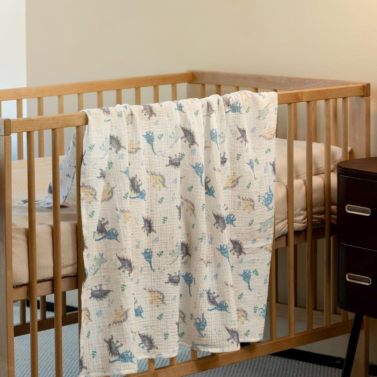 Skiennix Muslin Swaddle Blankets - Soft & Breathable 3-Pack for Newborns | Large 38 x 40 Inches (Blue Dinosaur)