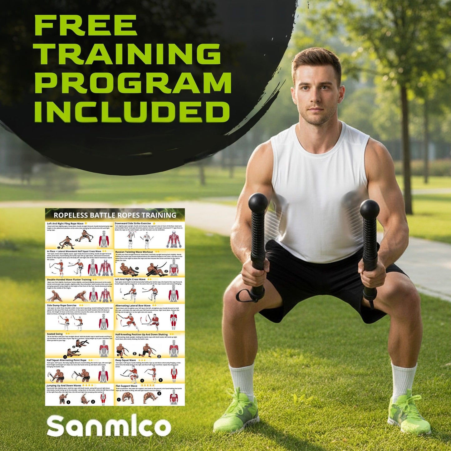 Sanmico Weighted Ropeless Battle Ropes 2 Pack – 2026 Edition | Cordless Portable No Anchor Battle Rope for Home Gym & Apartment | HIIT Strength & Cardio | Non-Slip Handle | Gloves & Exercise Poster