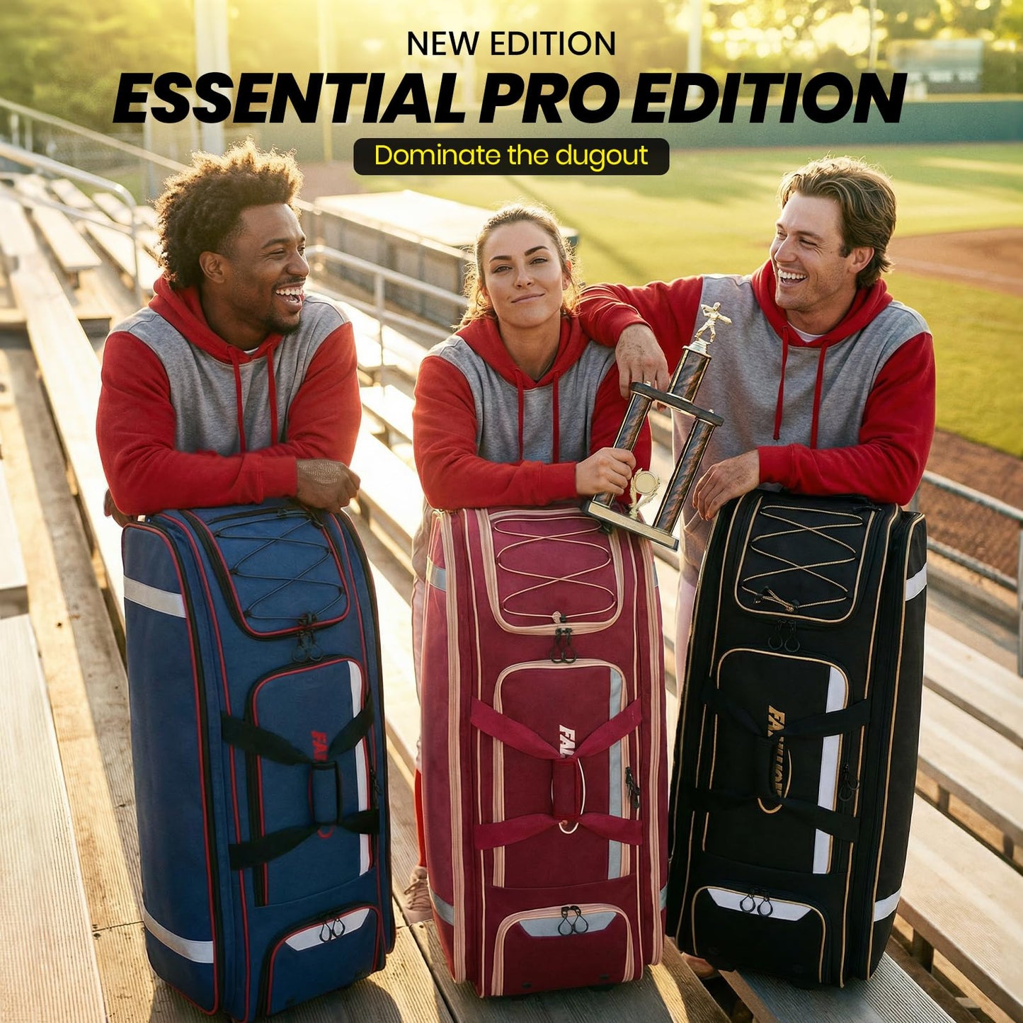 Fanwoli 100L Rolling Catchers Gear Bag - Large Baseball & Softball Duffle with 5 Fence Hooks, Locker-Style Organizer, Holds 8 Bats, Vented Shoe Zone - Essential Pro Edition (Black)