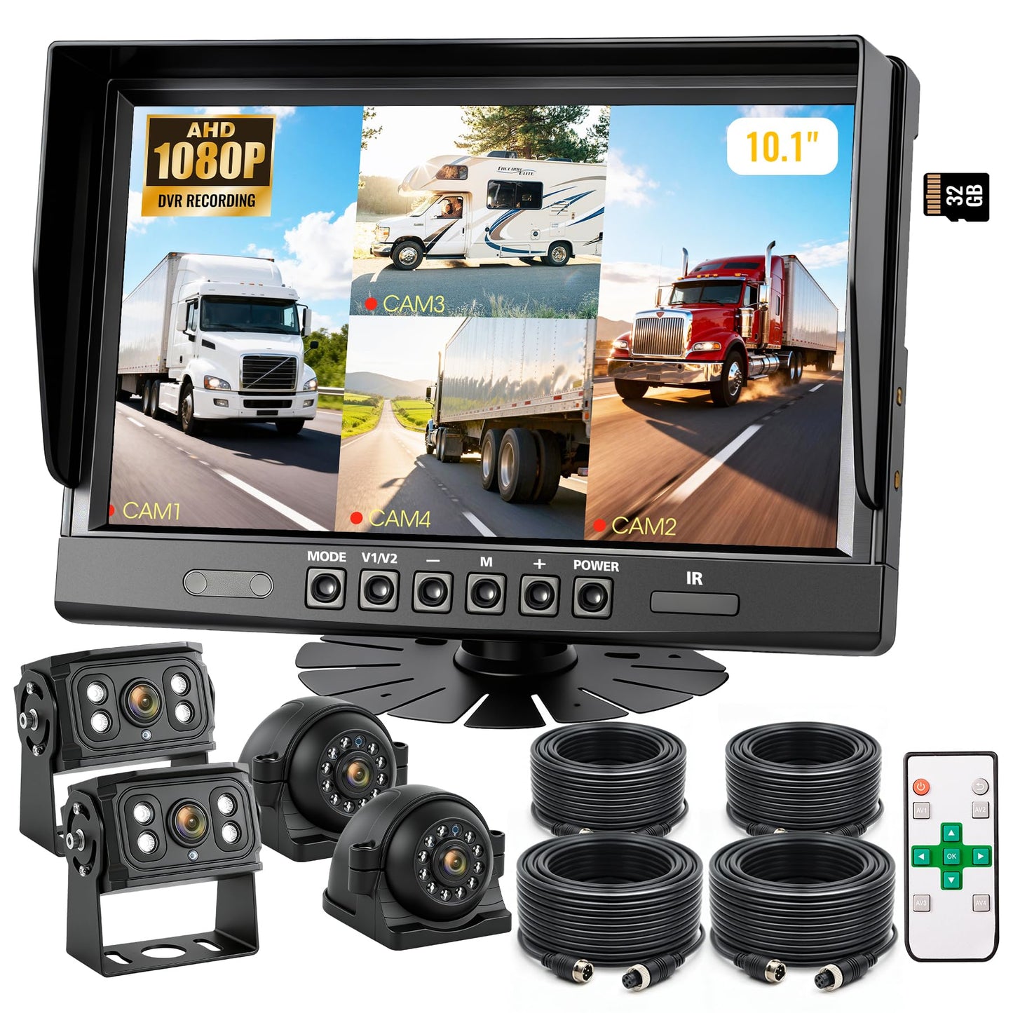 WOOCARTY 4-Wired Backup Camera System, 10.1" DVR Quad Screen Rear Side View Cameras, IP69 Waterproof IR Night Vision, 20G Vibration-Proof for Trailer/RV/Tractor/Combine/Skid Steer/Heavy Equipment, Y4