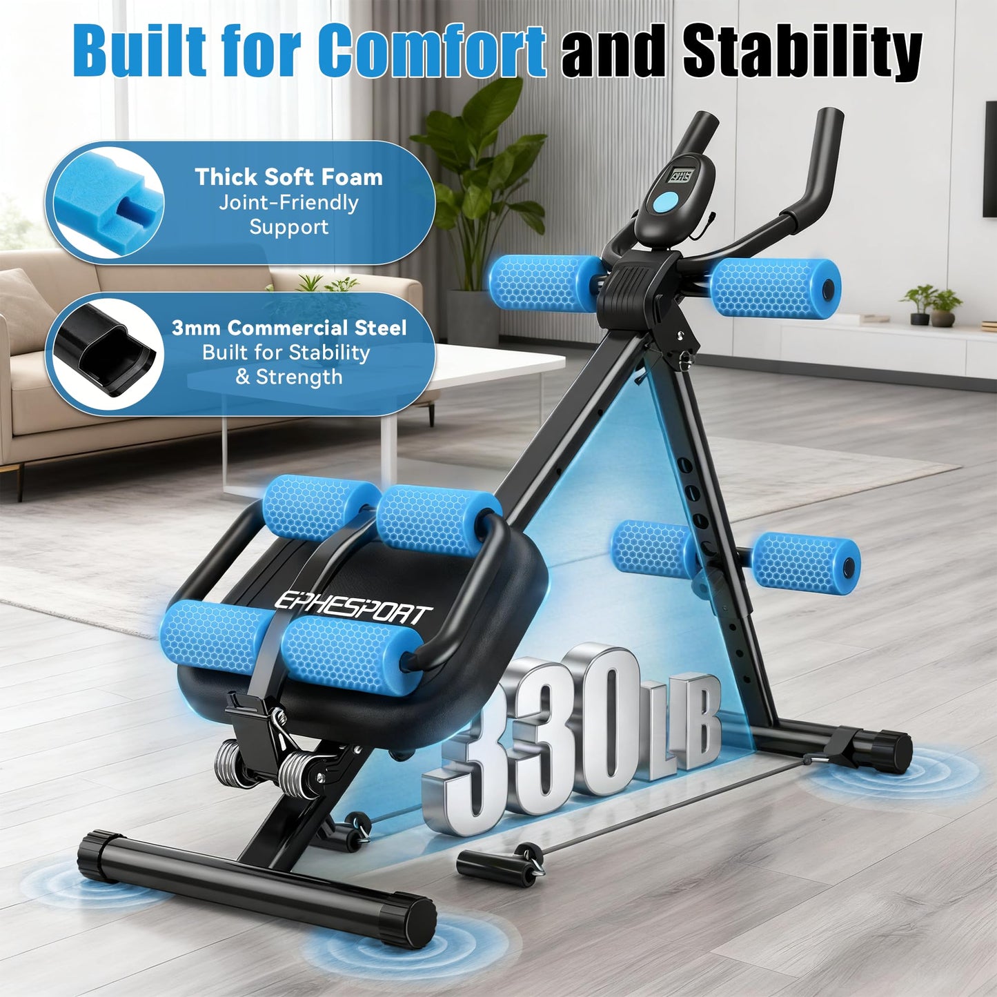 EPHESPORT Multifunctional Ab Machine, Adjustable Ab Workout Equipment, Ab ＆ Sit Up Machine for Stomach Workout, Foldable Abdominal Trainer With Knee and Back Protection, Full Body Workout for Home Gym (Blue)