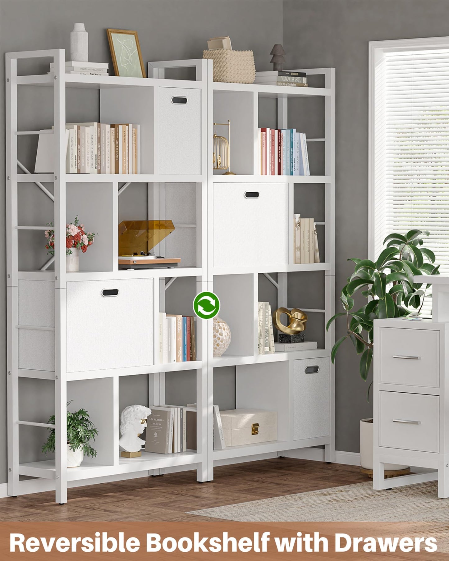Armocity Bookshelf with Drawers - 5 Tier Tall Bookcase Geometric Modern Book Shelf Display Standing Bookshelves with Storage for Living Room, Bedroom Home Office, White