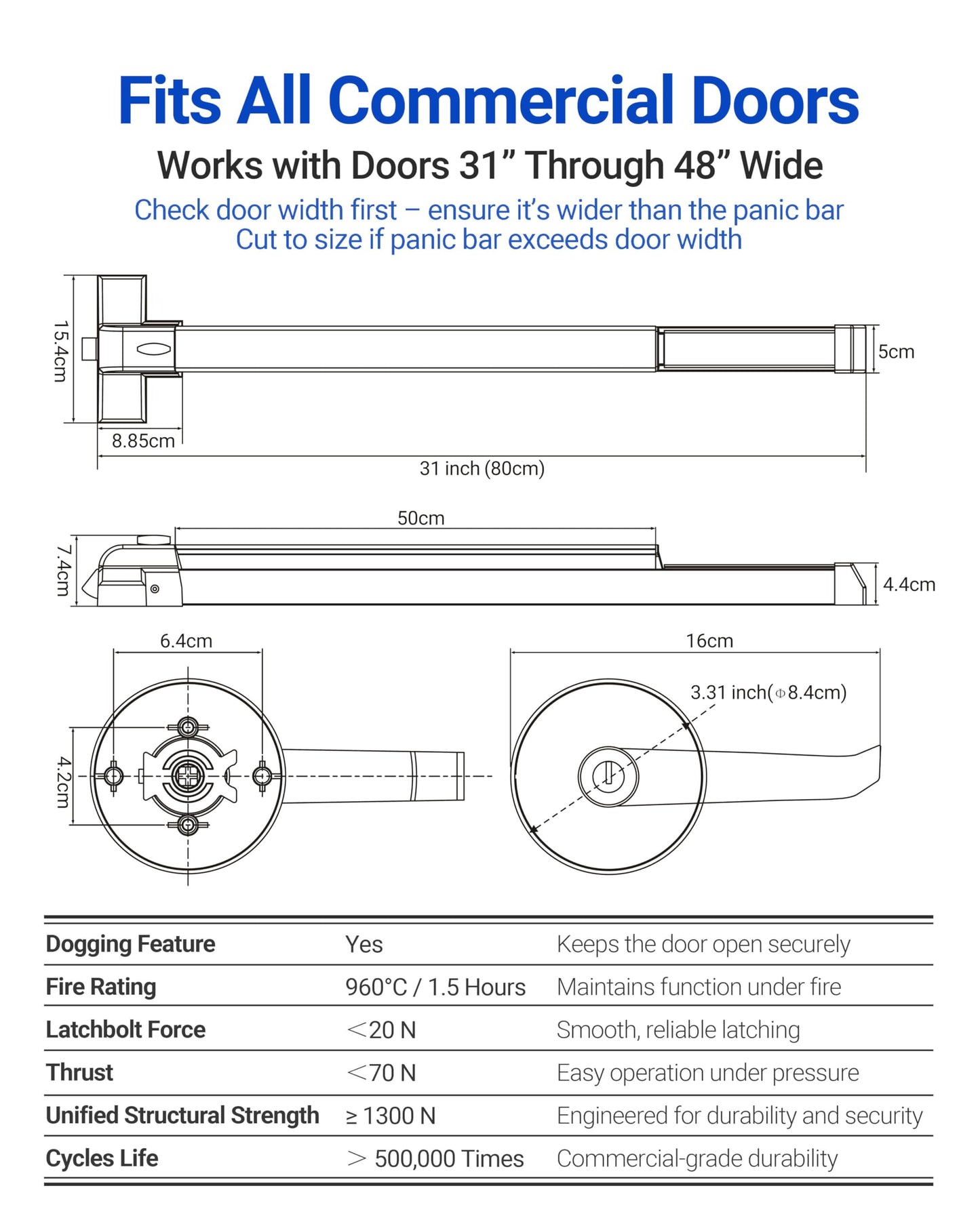 31" Commercial Push Bar Panic Exit Device -All 304 Stainless Steel Panic Bars for Exit Doors with Exterior Lever (6 Keys)- Emergency Exit Panic Door Hardware for 31"-48" Wooden/Metal Doors-HM-750A