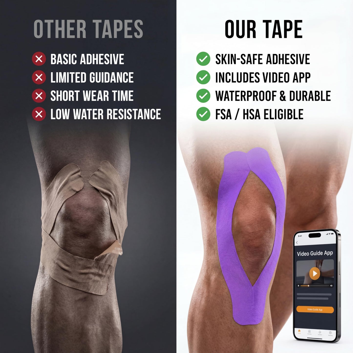 WINIOM Kinesiology Tape - Waterproof Athletic Sports Tape for Knee, Shoulder, Arm & Back Support | 3-5 Day Adhesion, Hypoallergenic & Latex-Free + Taping Guide (Uncut, 2" x16.4ft Roll, Indigo Purple)