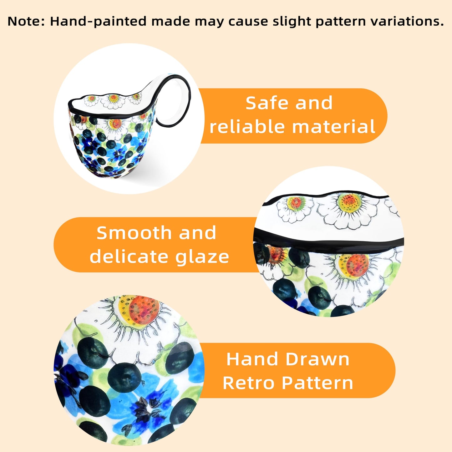 JUSONEY 18.6OZ Soup Bowls with Wide Handles,Handpainted Decorative Bowl,Soup Mug,Microwave Bowls,Ceramic Bowls perfect for Cereals,Soups,fruits,etc.(A)