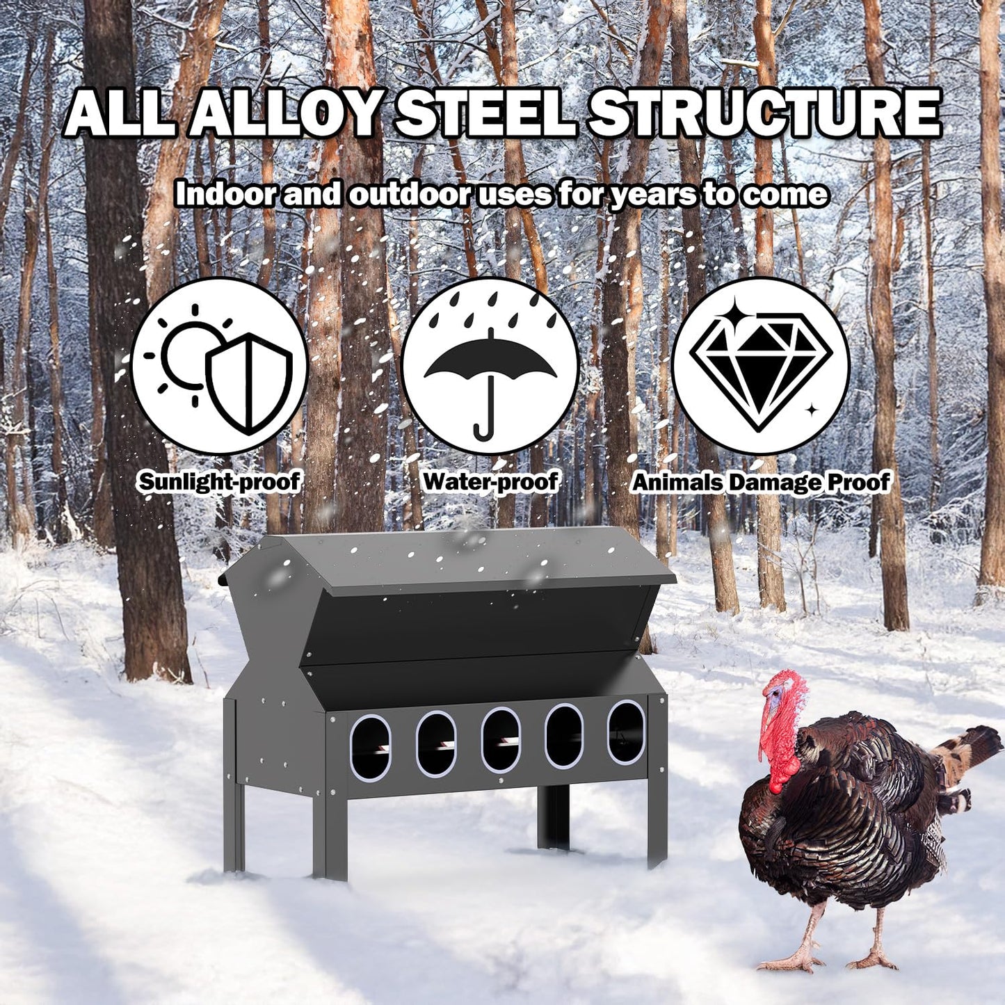 BUYYAH 50-100LB Capacity Turkey Feeder, 10-Port Waterproof Chicken Feeder, Indoor Outdoor Uses, Black
