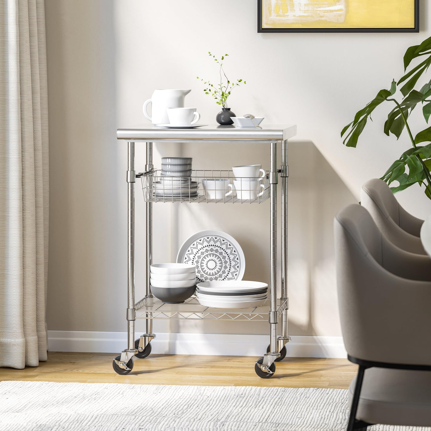 Seville Classics Commercial Work Table Island Utility Cart Prep Station, for Restaurant, Kitchen, Warehouse, Garage, Hotel, Home, Stainless-Steel Top NSF, 24" W x 20" D