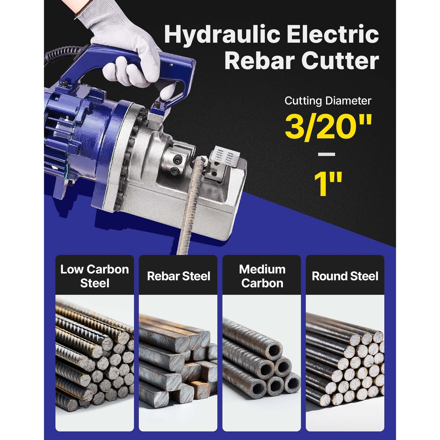Happybuy Electric Hydraulic Rebar Cutter 1700W RC-25 110V - Portable, Cuts #8 4-25mm Rebar in 5 Seconds, with Stainless Steel Carry Case