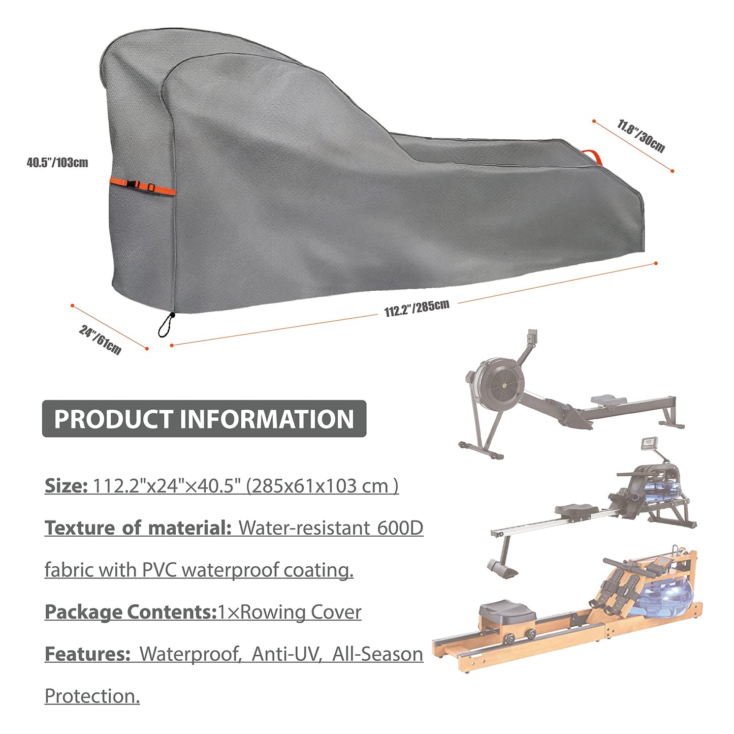 Rowing Machine Cover Waterproof – Heavy Duty Oxford Fitness Equipment Protector, Dustproof UV-Outdoor Rower Cover with Buckles and Drawstring, Fits Most Rowing Machines up to 112" L x 24" W x 40.5" H