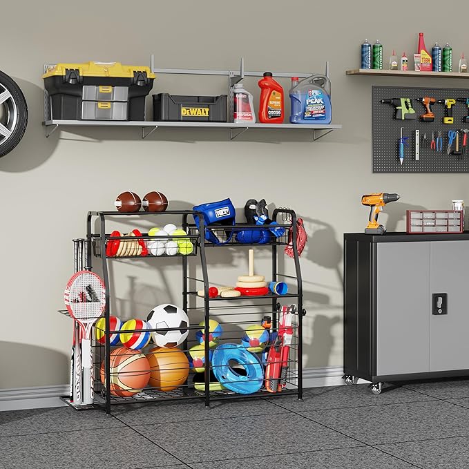 Garage Sports Equipment Organizer - Ball Storage Rack with Elastic Rope or Wire Mesh,Garage Organizer System with Wheels,Indoor/Outdoor Sports Rack for Sports Gear and Toys Storage,Black