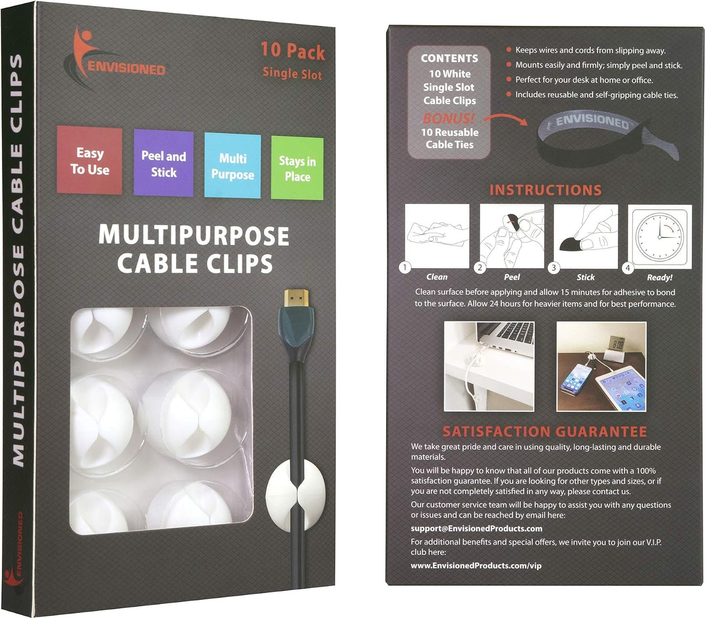 ENVISIONED 3M 10 Pack (1 10 Cable Clips with Self Adhesive, Cord Organizer for Desk Cable Management - of White Cable