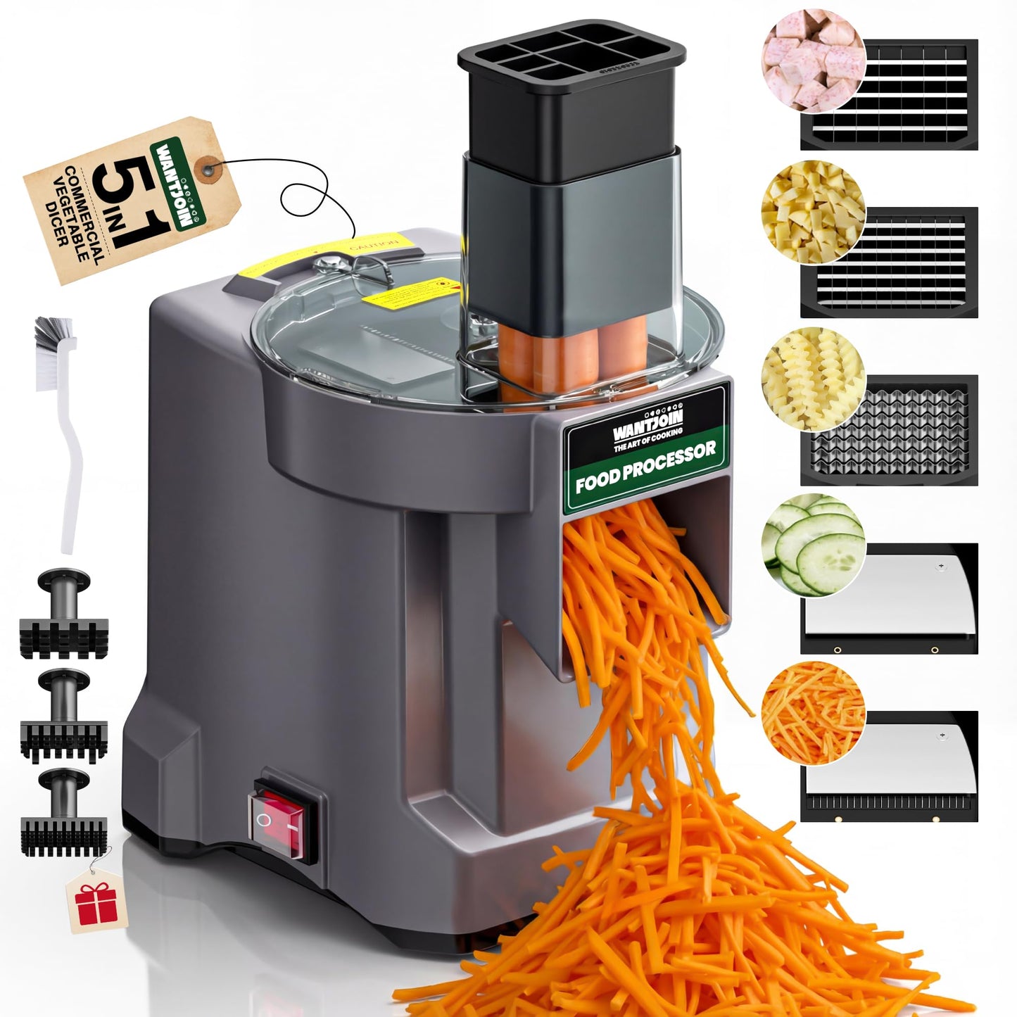 WantJoin 5 in 1 Electric Vegetable Chopper - Multifunctional Commercial Vegetable Dicer Food Fruit Processor Stainless Steel Blades for Slicing(2.5mm), Dicing(8/12mm), Chopping(2.5mm),Shredding
