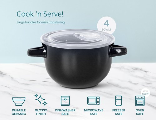 KooK French Onion Soup Crocks - Durable Ceramic Bowls with Handles | Set of 4, 18 oz, Black - Oven & Dishwasher Safe