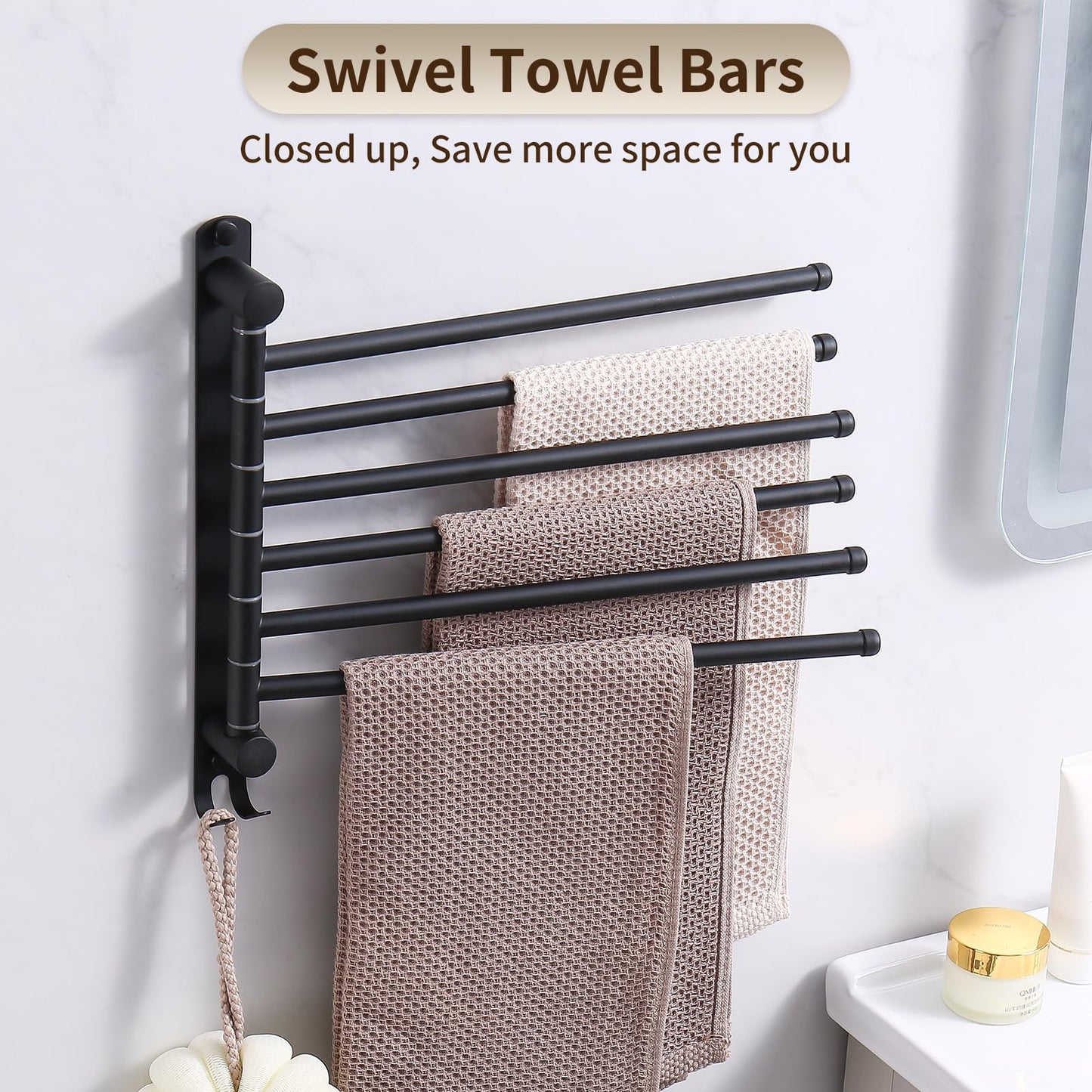 Swivel Towel Rack, 14" Thicken 304 Stainless Steel 6-Arm Adjustable Towel Bar,Wall Mounted Towel Holder with Hook, Space Saving for Kitchen, Bathroom, Outdoor (Black, 6 Arms)