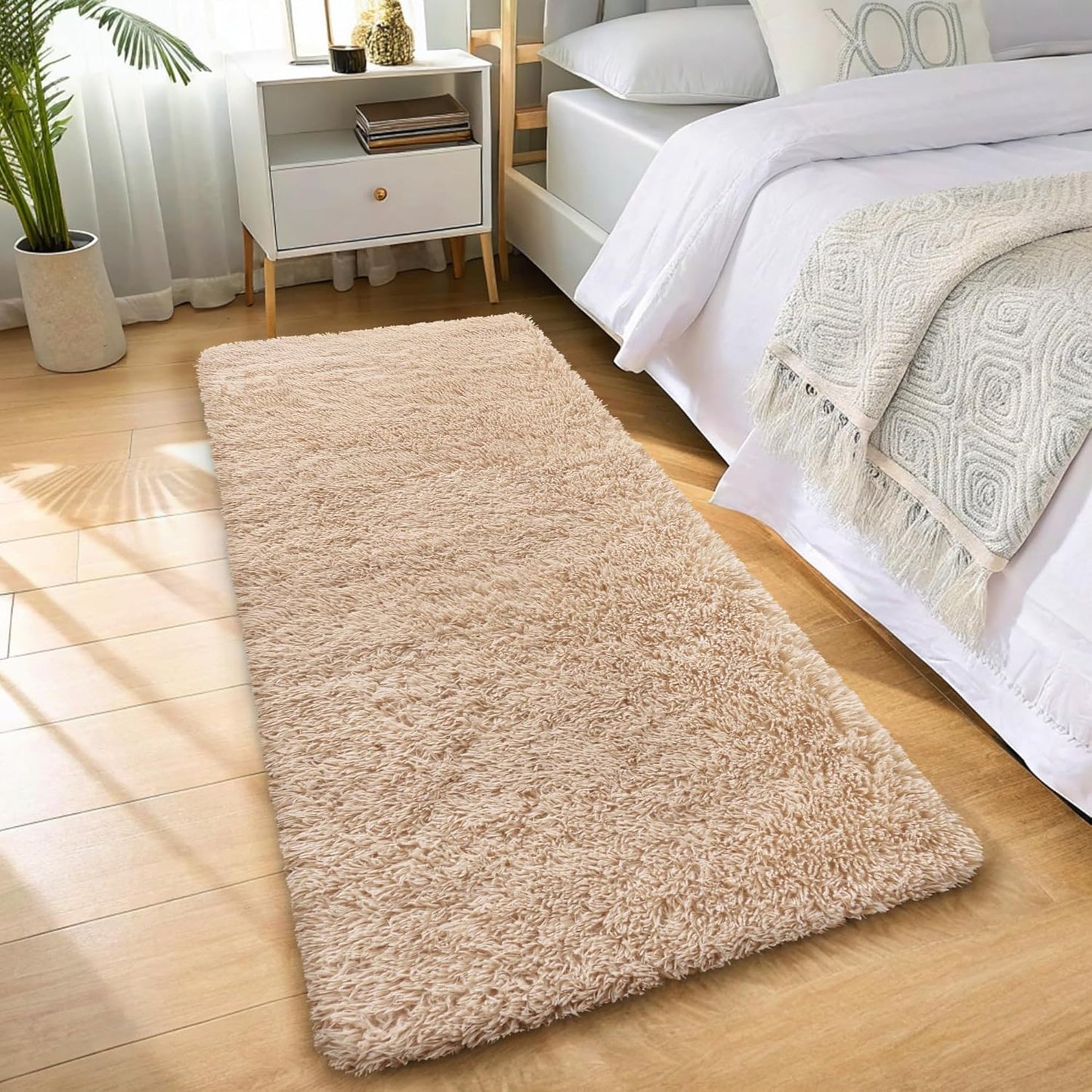 OLANLY 3x7 Machine Washable Runner Rug - Soft Fluffy Shaggy Carpet for Bedroom & Hallway | Beige