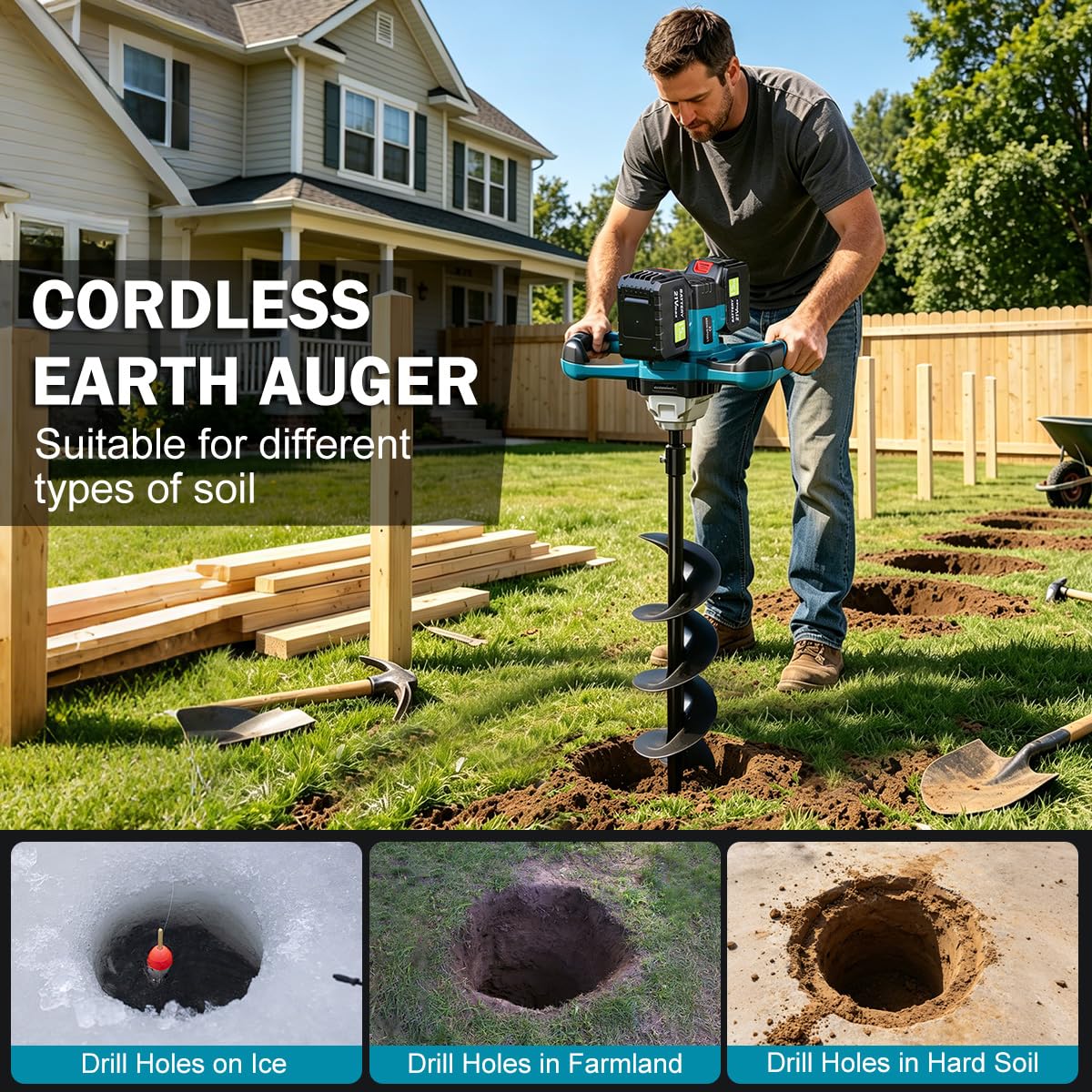 Auger Post Hole Digger,Post Hole Auger,Electric Earth Auger,Includes 2 Drill bit.Two Batteries and Dual-Port Fast Charger,Forward/Reverse Function,for Post Hole Digging,Drilling,Tree Planting