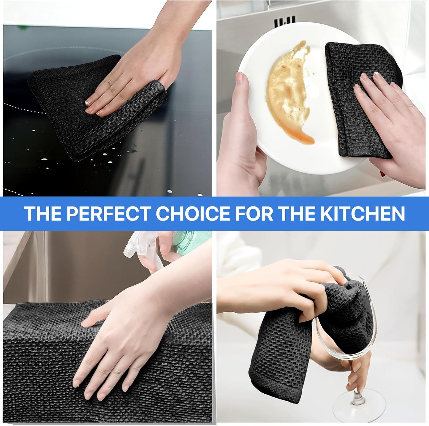 Skiennix 100% Cotton Waffle Weave Kitchen Towels - Ultra Soft & Absorbent 6 Pack | Quick Drying, 12x12 Inches, Black