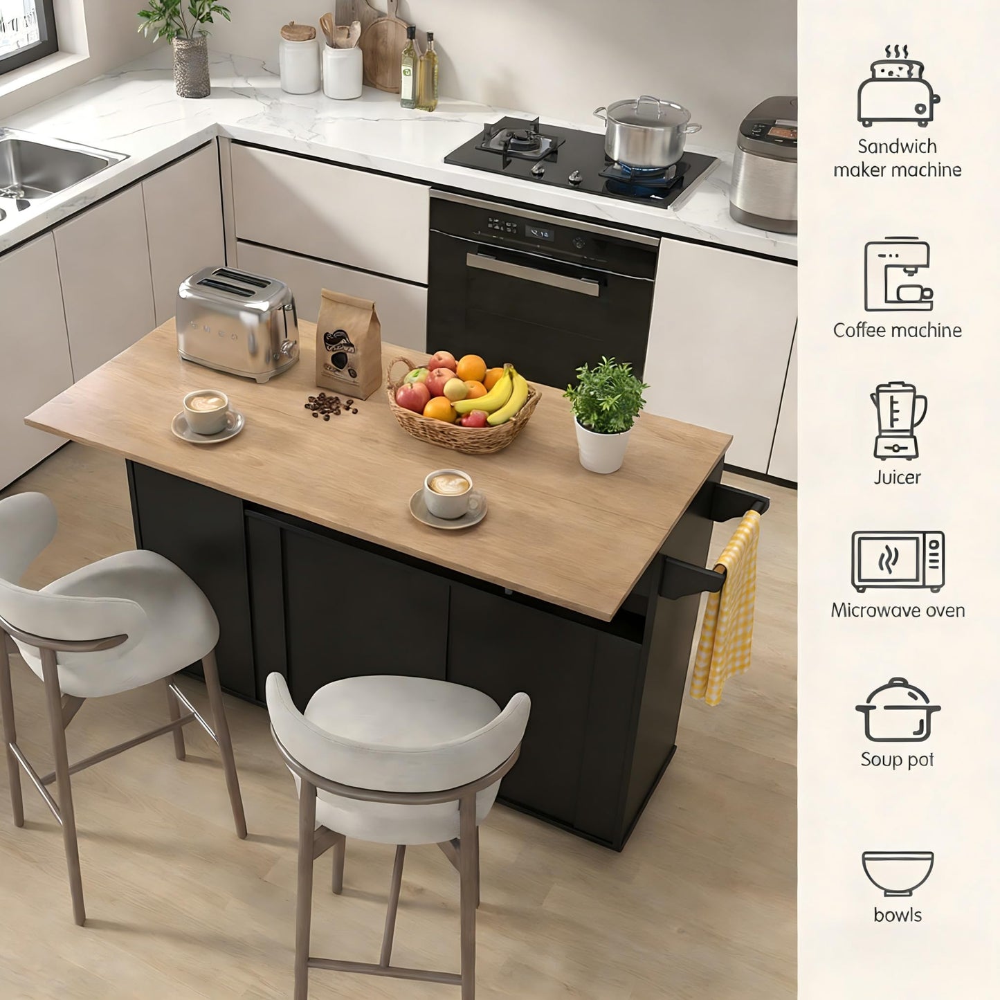 FFIQQ 59 Inch Large Mobile Kitchen Island Cart with Drop Leaf, 2 Cabinets, Drawer, Extra Counter Space & Trash Bin Storage, Rolling Portable Prep Table for Kitchen, Black, Particleboard
