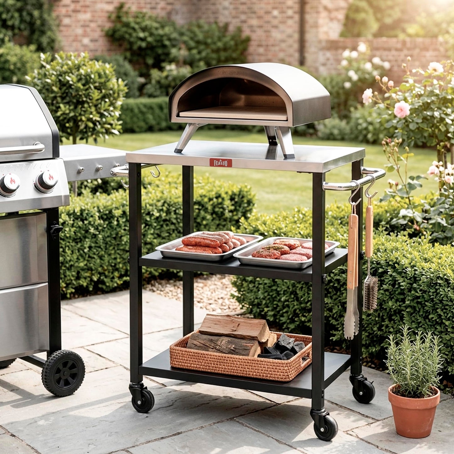 Feasto 3-Tier Outdoor Grill Cart, Rolling Pizza Oven Table with Compact 26.6" x 16.1" Stainless Top for Pizza Ovens & Griddles, Outdoor Bar Cart with S-Hooks for Patio Parties, Deck Dining & Camping
