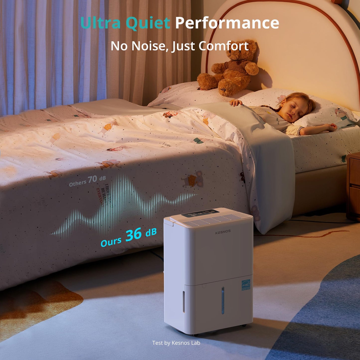 Kesnos 2,500 Sq. Ft. Energy Star 2025 Dehumidifier for Home & Basement, Ideal for Bedroom with Ultra Quiet 36 dB, 0.39-Gallon Water Tank with Drain Hose, 4 Pre-Set Modes, Auto Defrost, Timer
