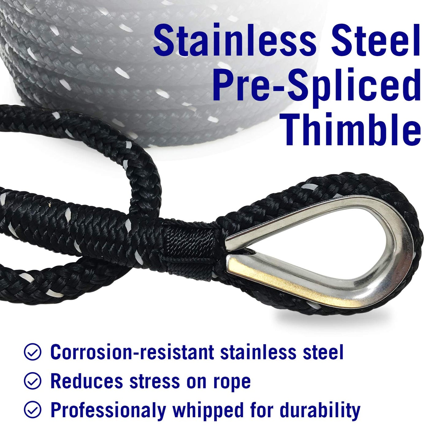 Better Boat Premium Anchor Rope, 100 Ft Double Braided White Nylon Marine Line, Reflective 3/8 Inch Reel for Anchors and Boats - Black