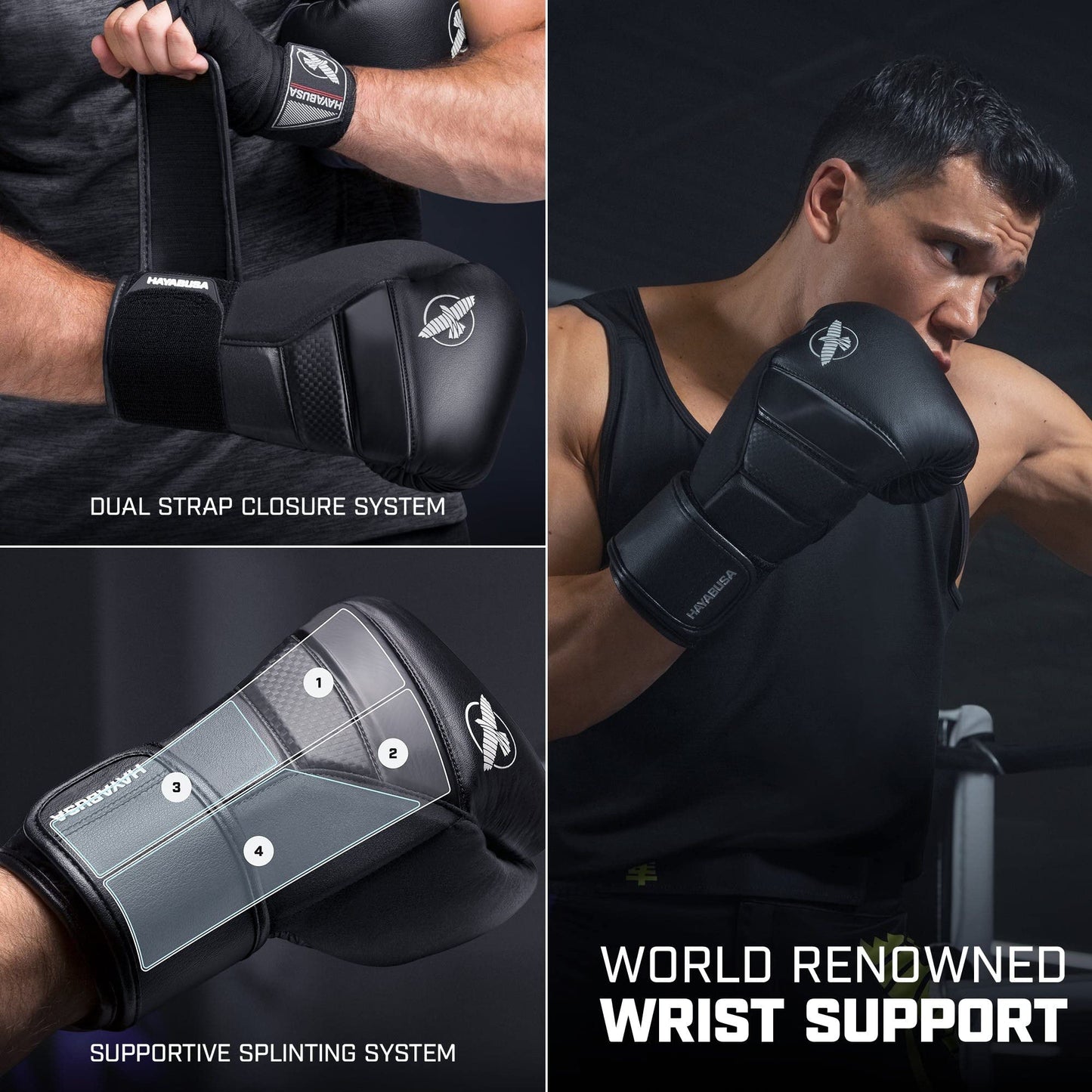 Hayabusa T3 Boxing Gloves 16oz, Perfect Stretch 4.0 Boxing Hand Wraps 180 Inches - All Items are Black