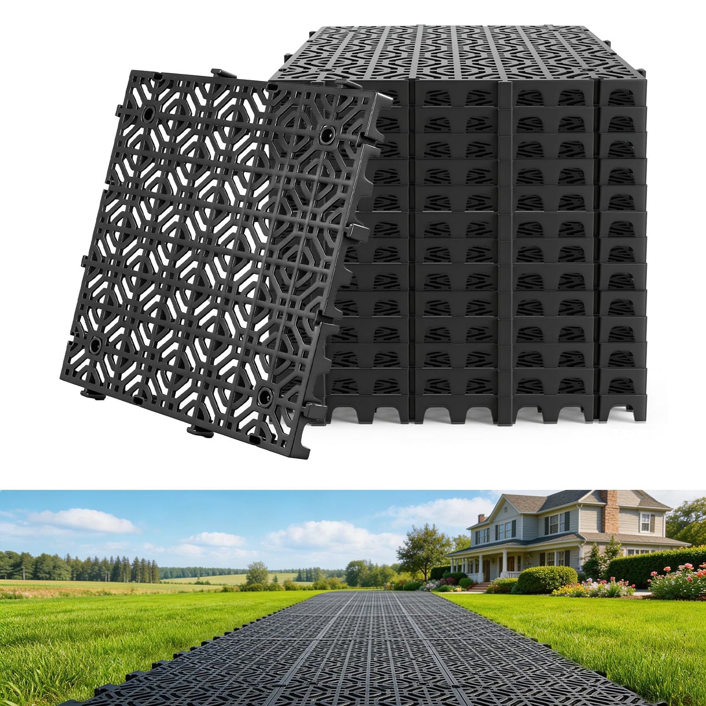 15PCS 15.7 x 15.7in Heavy Duty Ground Protection Mats Drive on Lawn Grates Grid Parking Pavers,Drain Interlocking Non-Slip Floor Mat,6613 lb Load for Gravel Grid Rv Parking Pad Permeable Pavers-Black