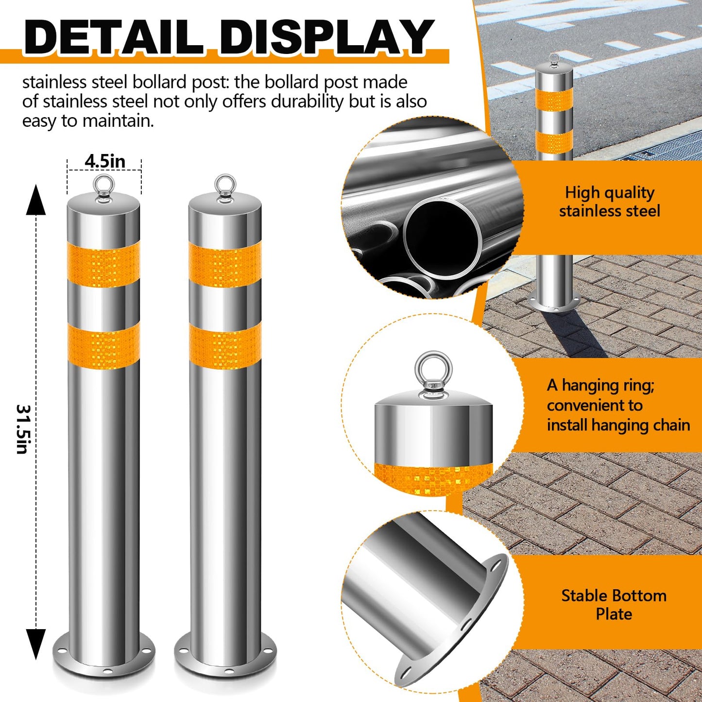 Yaocom 31.5 Inch Stainless Steel Bollard Post with Anchor Bolts Parking Barrier Block Safety Bollard Covers with Reflective Strips and Hanging Ring for Parking Lots Driveways Garage Pathways(4 Pcs)