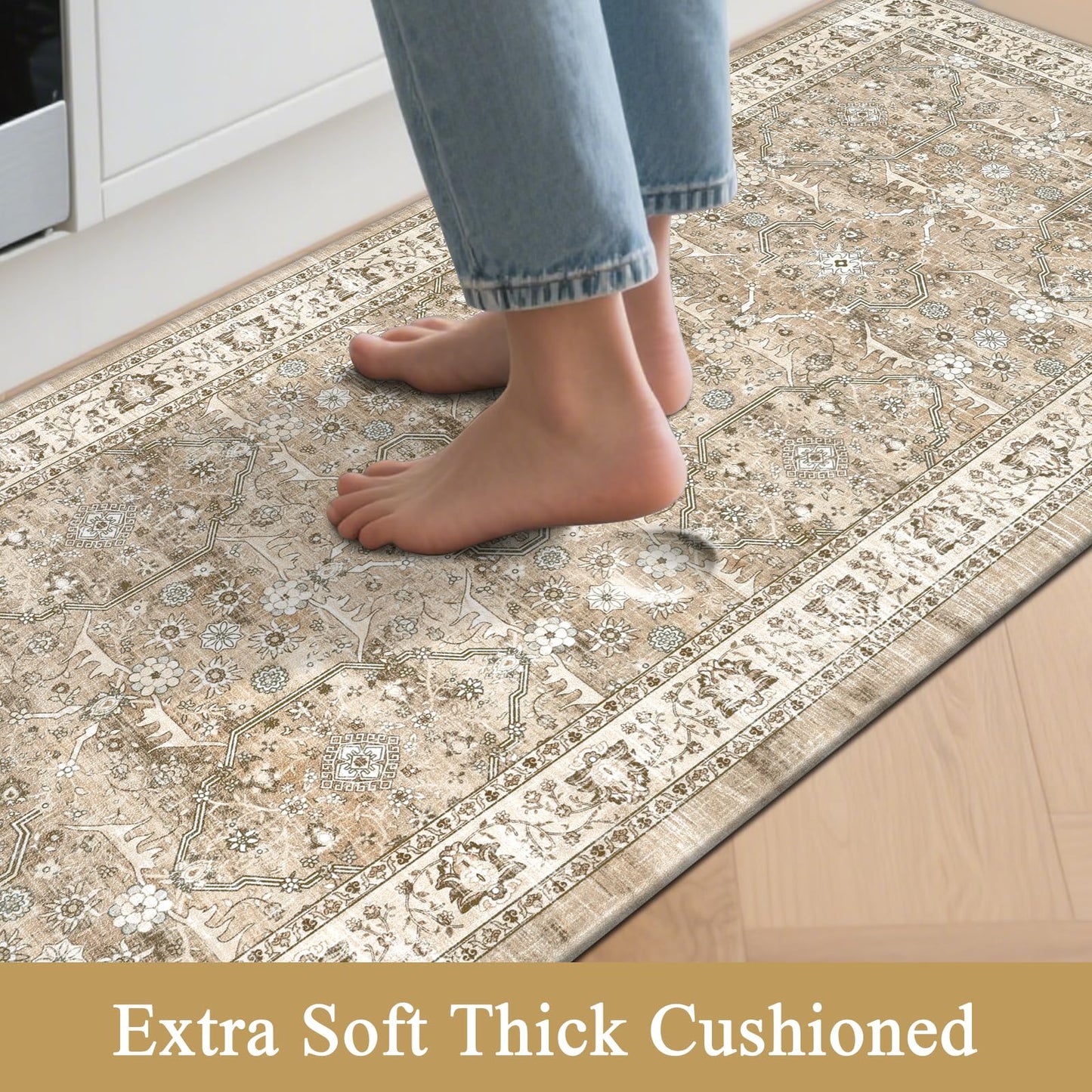 Pauwer Anti Fatigue Kitchen Floor Mats Set of 3, PVC Foam Padded Kitchen Rugs, Non Slip Cushioned Comfort Standing Mat, Waterproof Sink Rug for Small Kitchen Area, Laundry Room, Light Brown