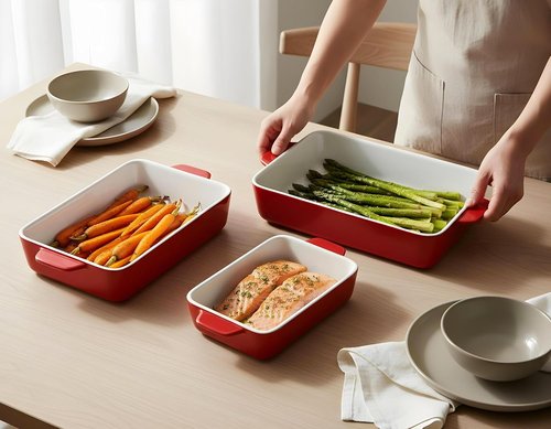 Kook Ceramic Bakeware Set - Versatile Rectangular Dishes for Casseroles & Lasagna | 3-Piece Set in Cherry
