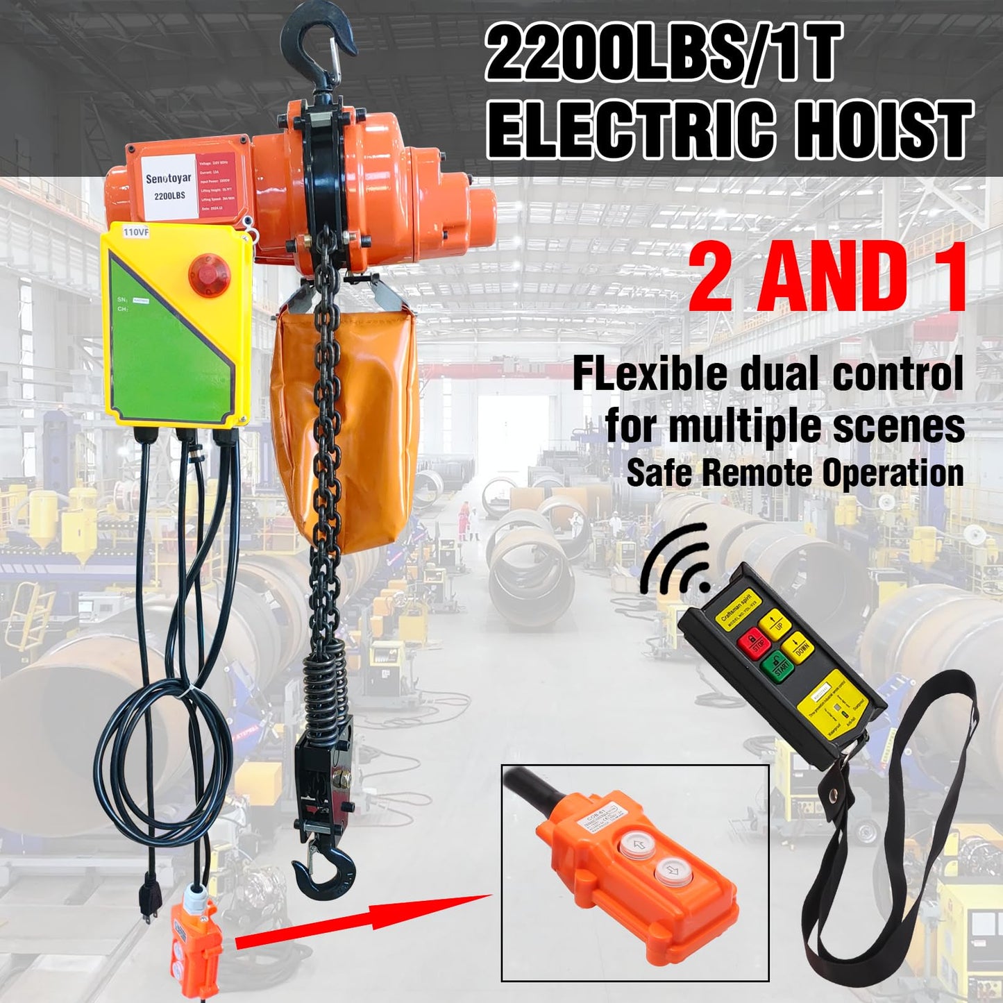 Electric Chain Hoist 2 in 1,2200 lbs Load Capacity,20 ft Lifting Height,120V Single Phase Overhead Crane with 328 ft Wireless & 15 ft Wired Remote Control, Ideal for Garage,Shop,and Home Use